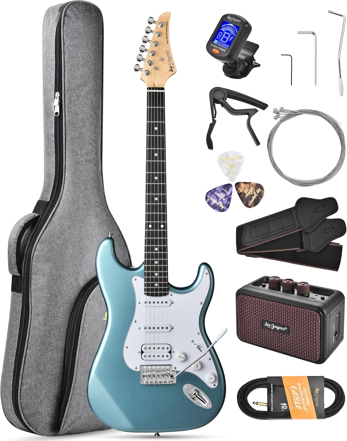 Leo Jaymz Beginner Electric Guitar 39' Kit with Portable Amplifier, Padded Gig Bag, Digital Tuner，Capo，Strap，Picks，HSS Pickups (Cyan-HSS)