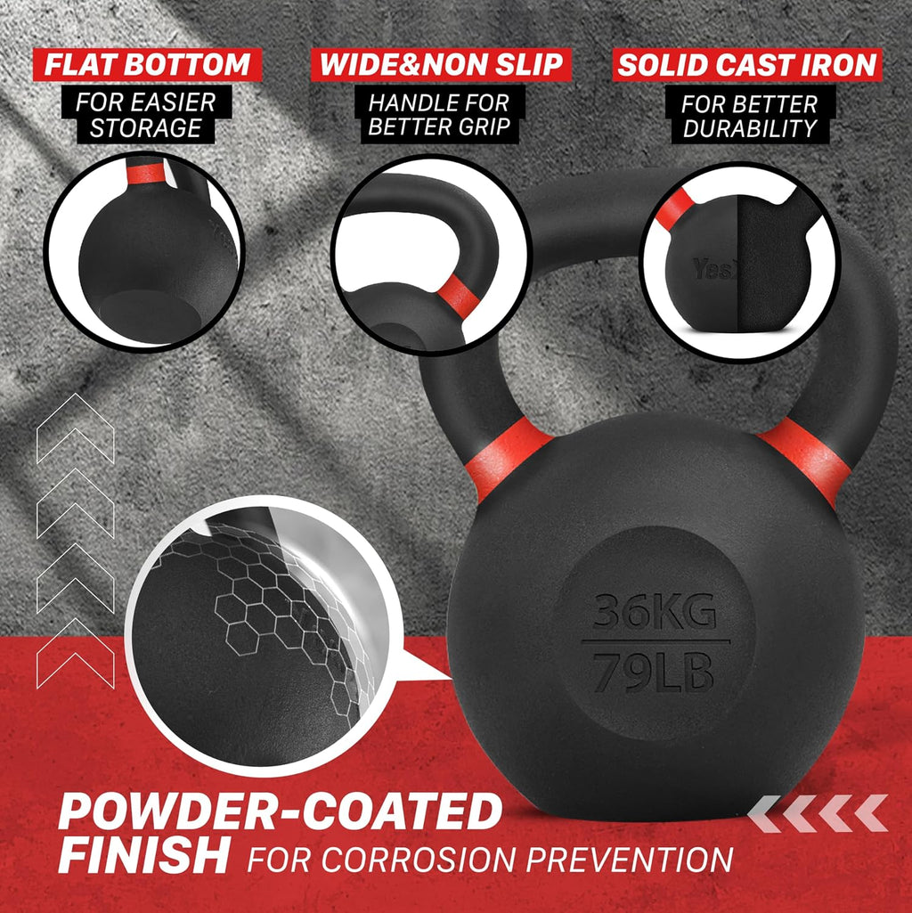 Yes4All Powder Coated Kettlebell, Cast Iron Core Kettlebells with Non-Slip Handle & Flat Bottom for Conditioning, Heavy Duty for Strength Training, 9lb to 71lb - Single & Pair