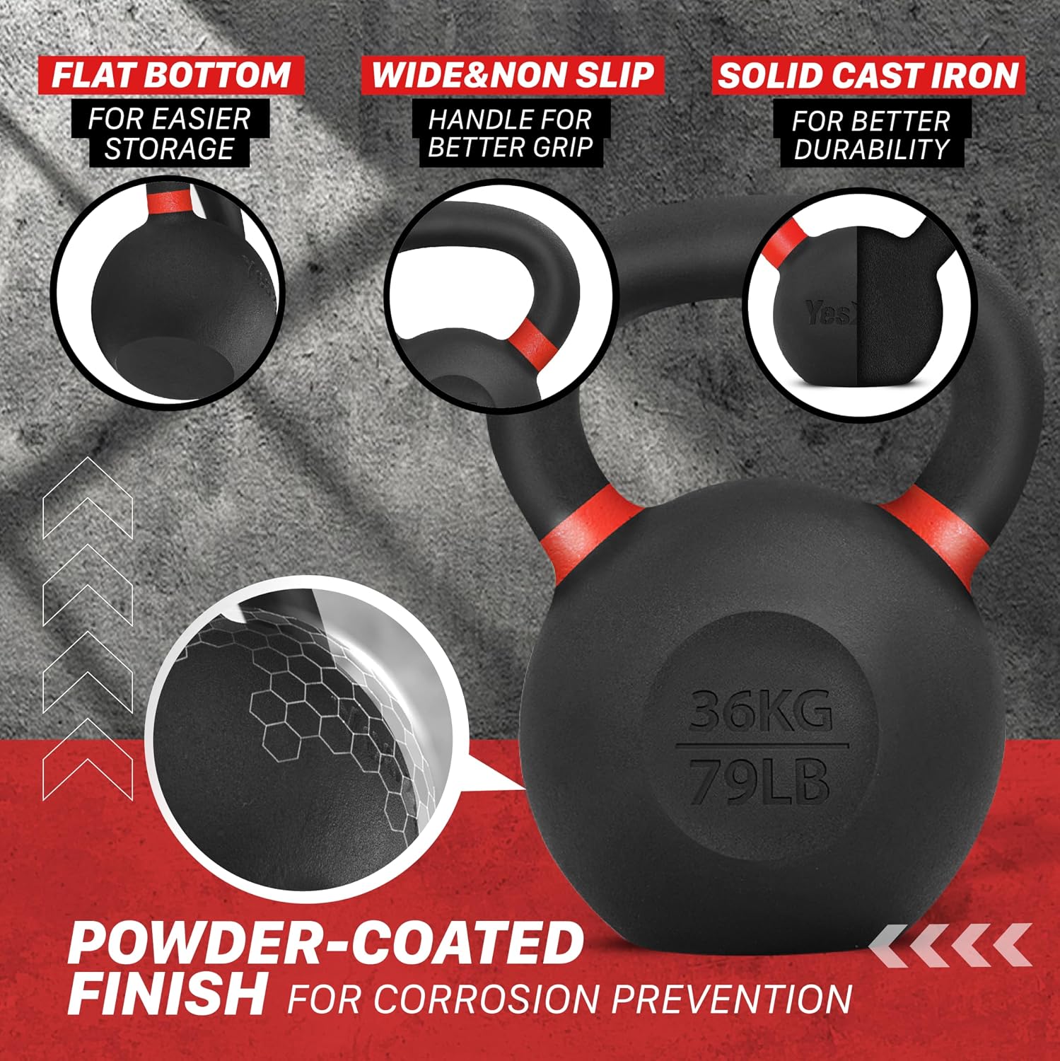 Yes4All Powder Coated Kettlebell, Cast Iron Core Kettlebells with Non-Slip Handle & Flat Bottom for Conditioning, Heavy Duty for Strength Training, 9lb to 71lb - Single & Pair
