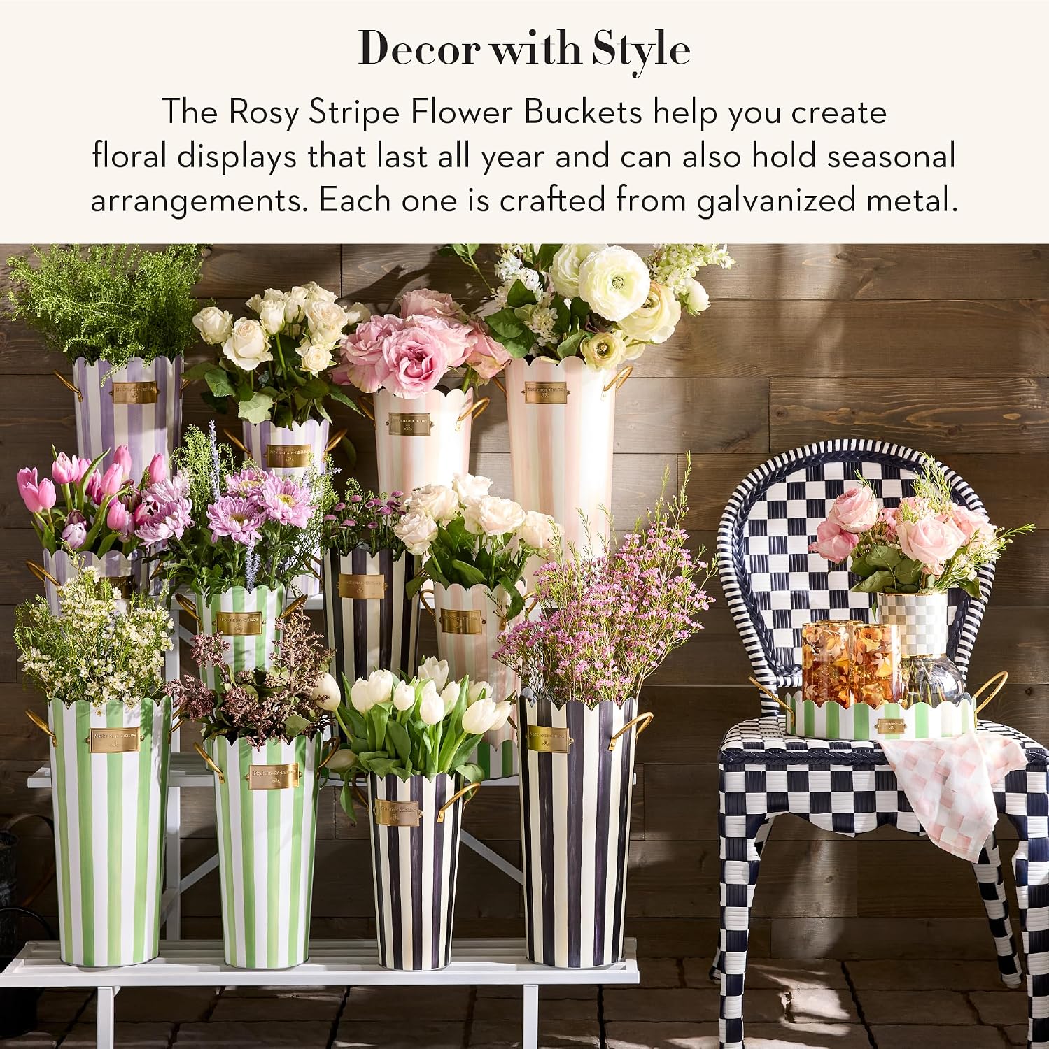 MACKENZIE-CHILDS Set of 3 Galvanized Flower Buckets, Decorative Metal Buckets, Pink-and-White Rosy Stripe