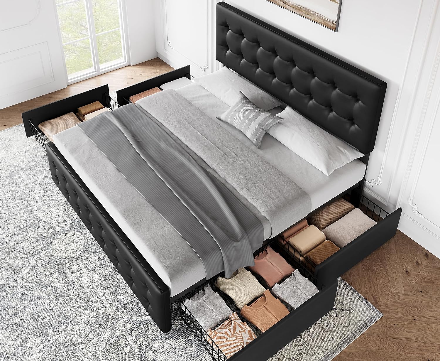 GAOMON King Size Bed Frame with 4 Drawers and Adjustable Headboard, PU Leather Upholstered Platform Bed with Button Tufted Design, No Box Spring Needed, Strong Wooden Slats, Black