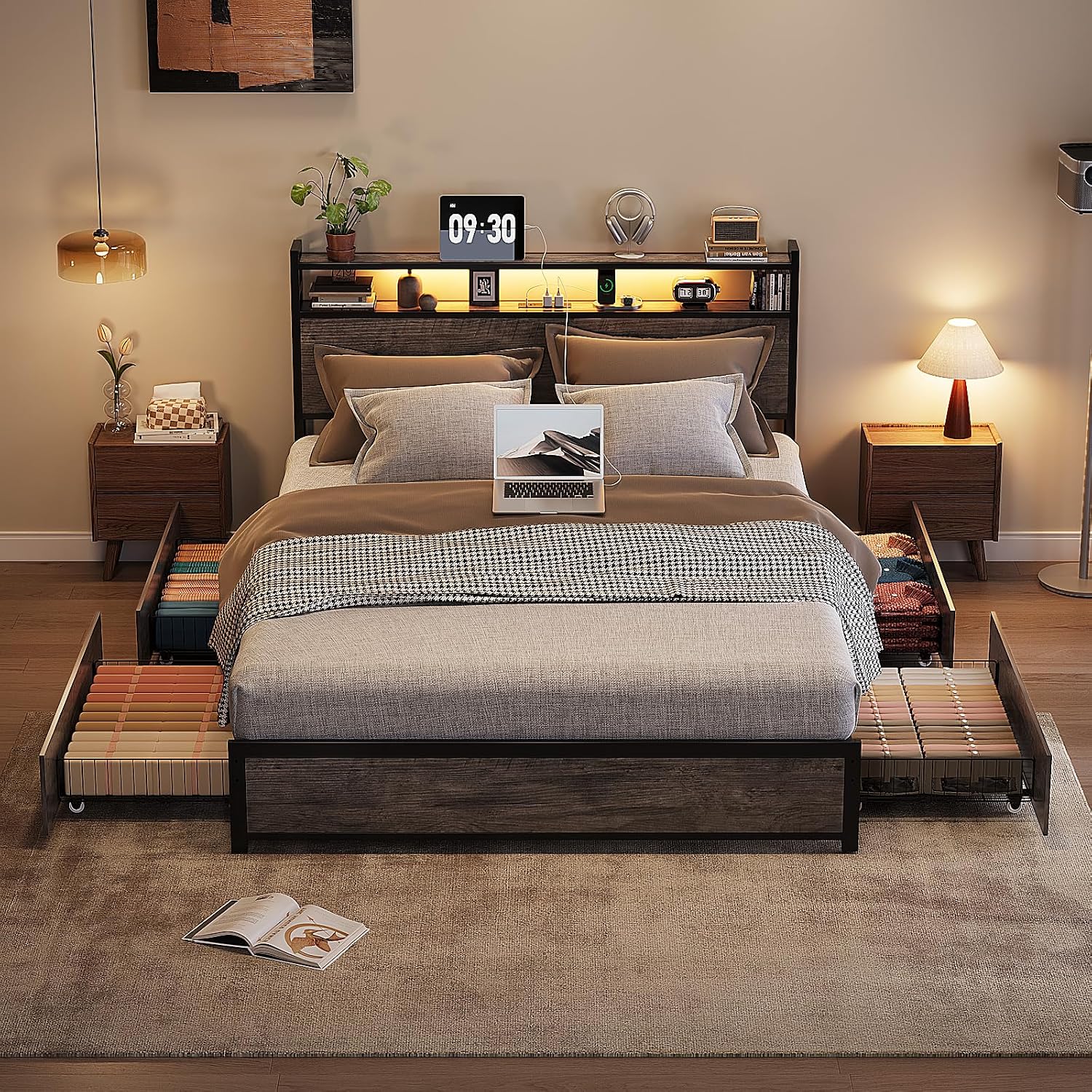 VINGLI Full Bed Frame with 4 Storage Drawers and Adjustable Headboard, Metal Double Platform Bed with Charging Station and LED Lights, No Box Spring Needed, Noise Free, Easy Assembly, Wash Grey