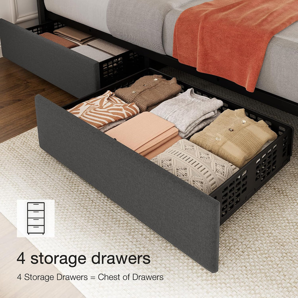 Garvee Queen Size Bed Frame with 4 Storage Drawers, Adjustable Height Headboard, Linen Upholstered Platform Bed Frame, No Box Spring Needed, Easy Assembly, Grey