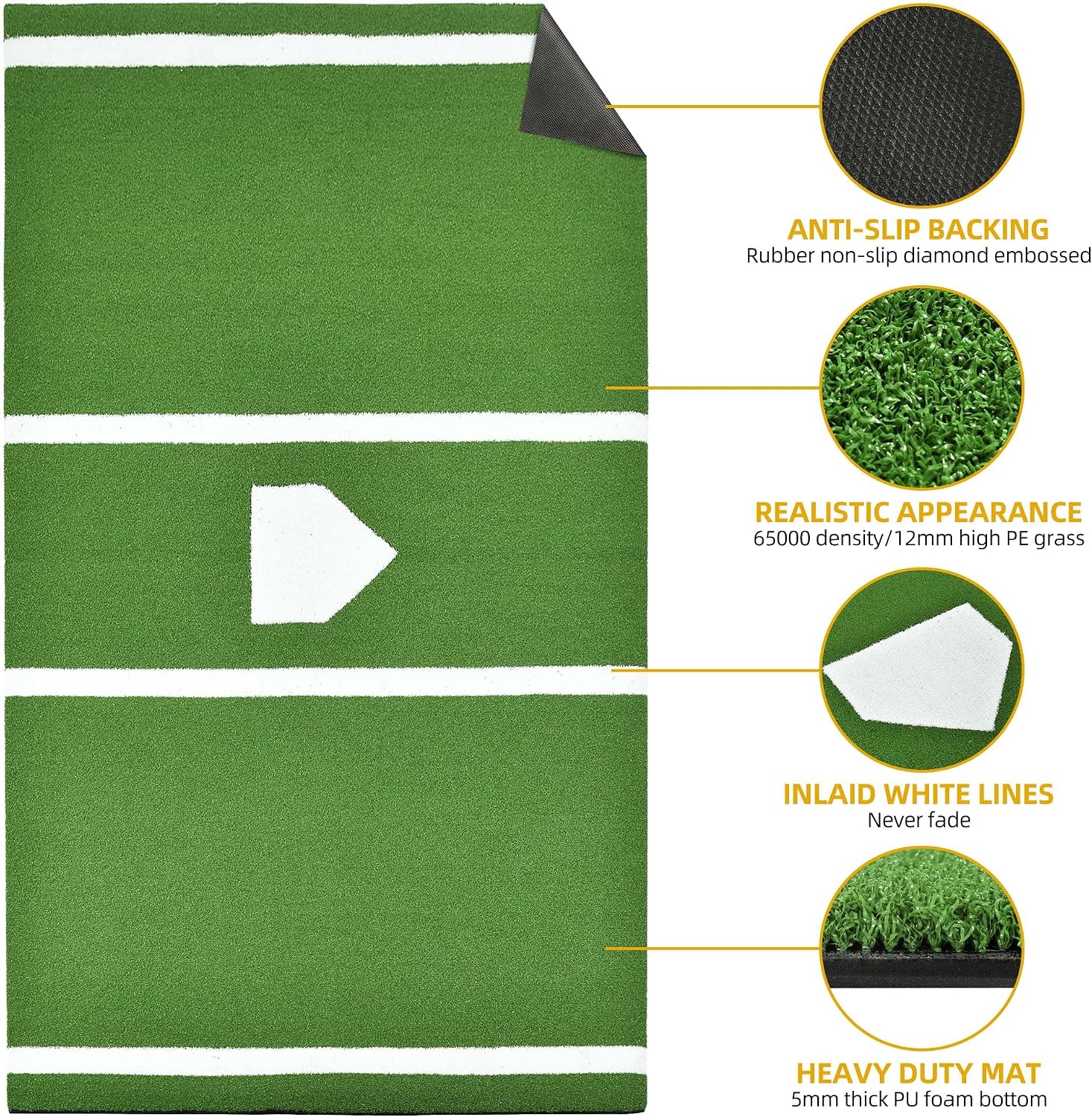 Shopsource Baseball Batting Mat, 12x6ft Softball Hitting Mat, Batters Box Turf Mats with Home Plate, Anti-Slip Baseball Softball Cage Mats for Indoor Outdoor