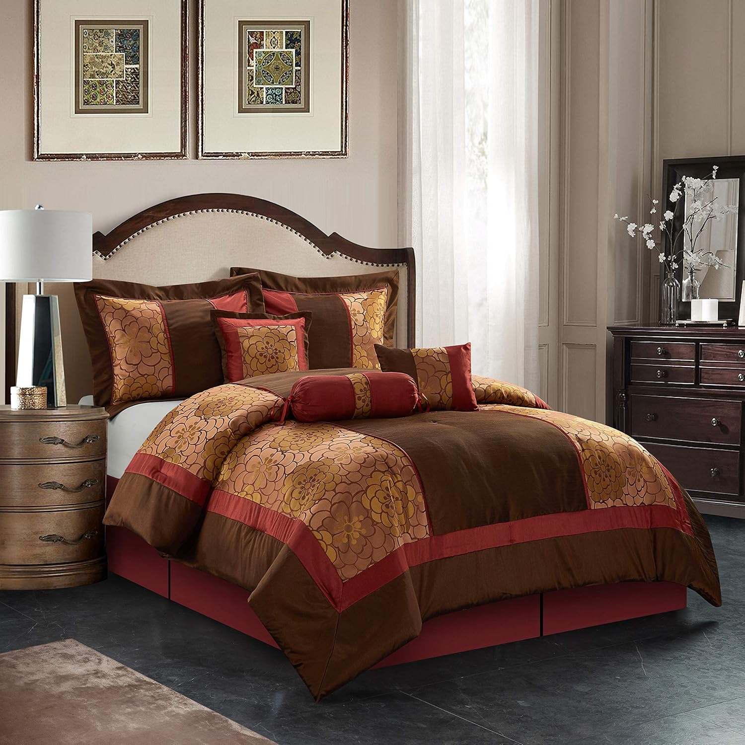 Grand Avenue Red/Brown Cal King Comforter Set, 7 Piece, All Season Premium Bedding Set, Bedskirt, Pillows & Shams, Ultra-Soft