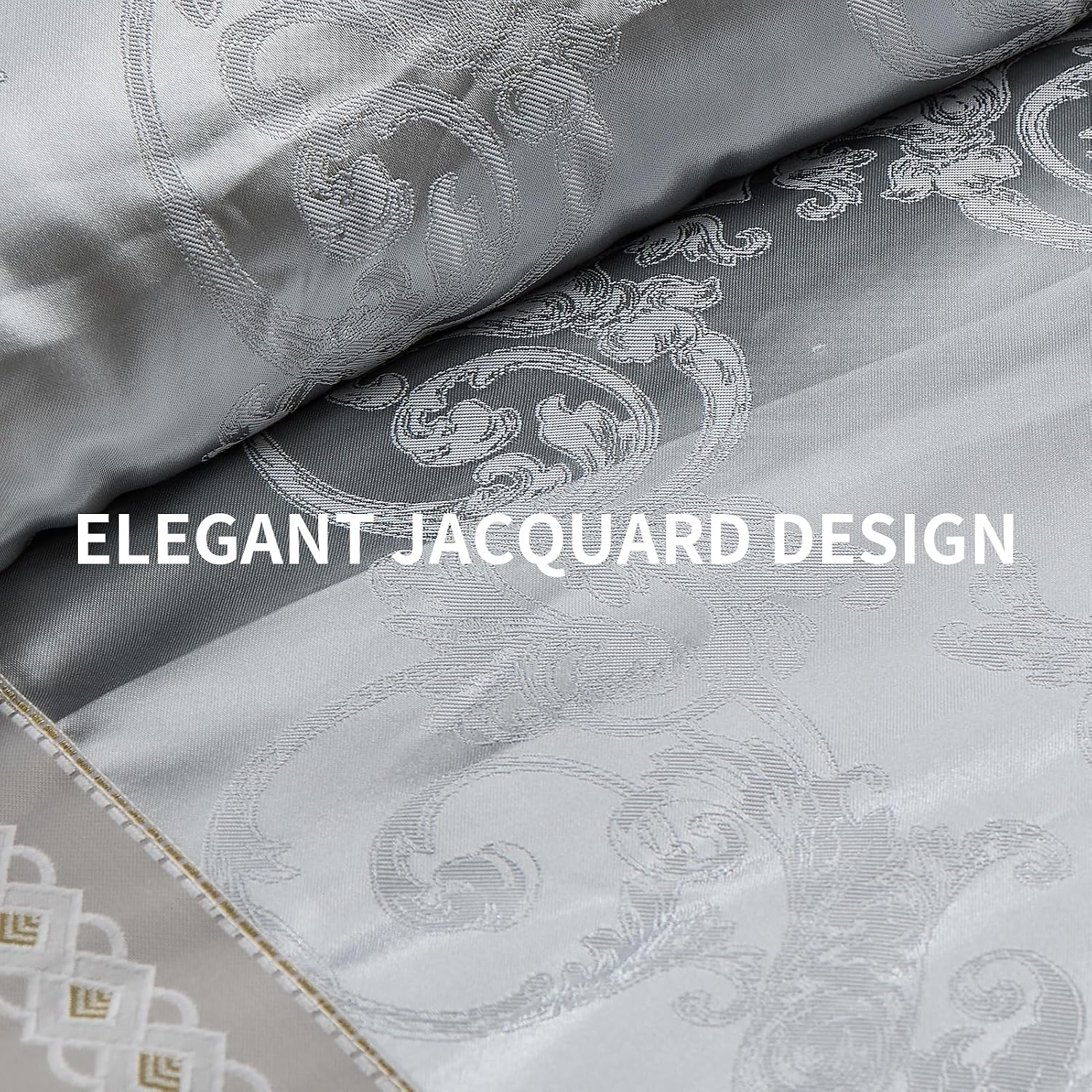 Bedduvit Luxurious Silky 7 Piece Queen Comforter Set - Soft Jaquard Floral Patchwork Design Comforters Queen Size, Silver Gray Down Alternative Bedding Set with Bed Skirt, Shams and Decorative Pillows