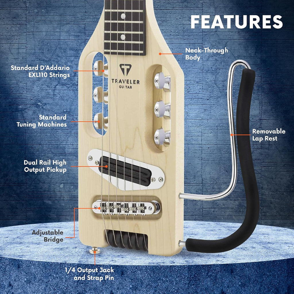 Traveler Guitar Ultra-Light Electric Guitar Maple | Portable Electric with Removable Lap Rest | Full 24 3/4' Scale Headless Guitar | Custom Gig Bag Included
