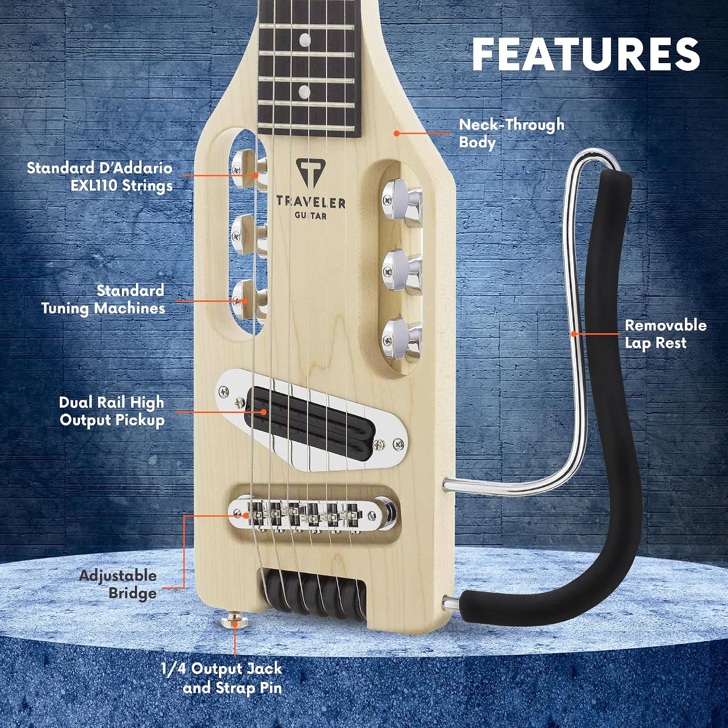 Traveler Guitar Ultra-Light Electric Guitar Maple | Portable Electric with Removable Lap Rest | Full 24 3/4' Scale Headless Guitar | Custom Gig Bag Included