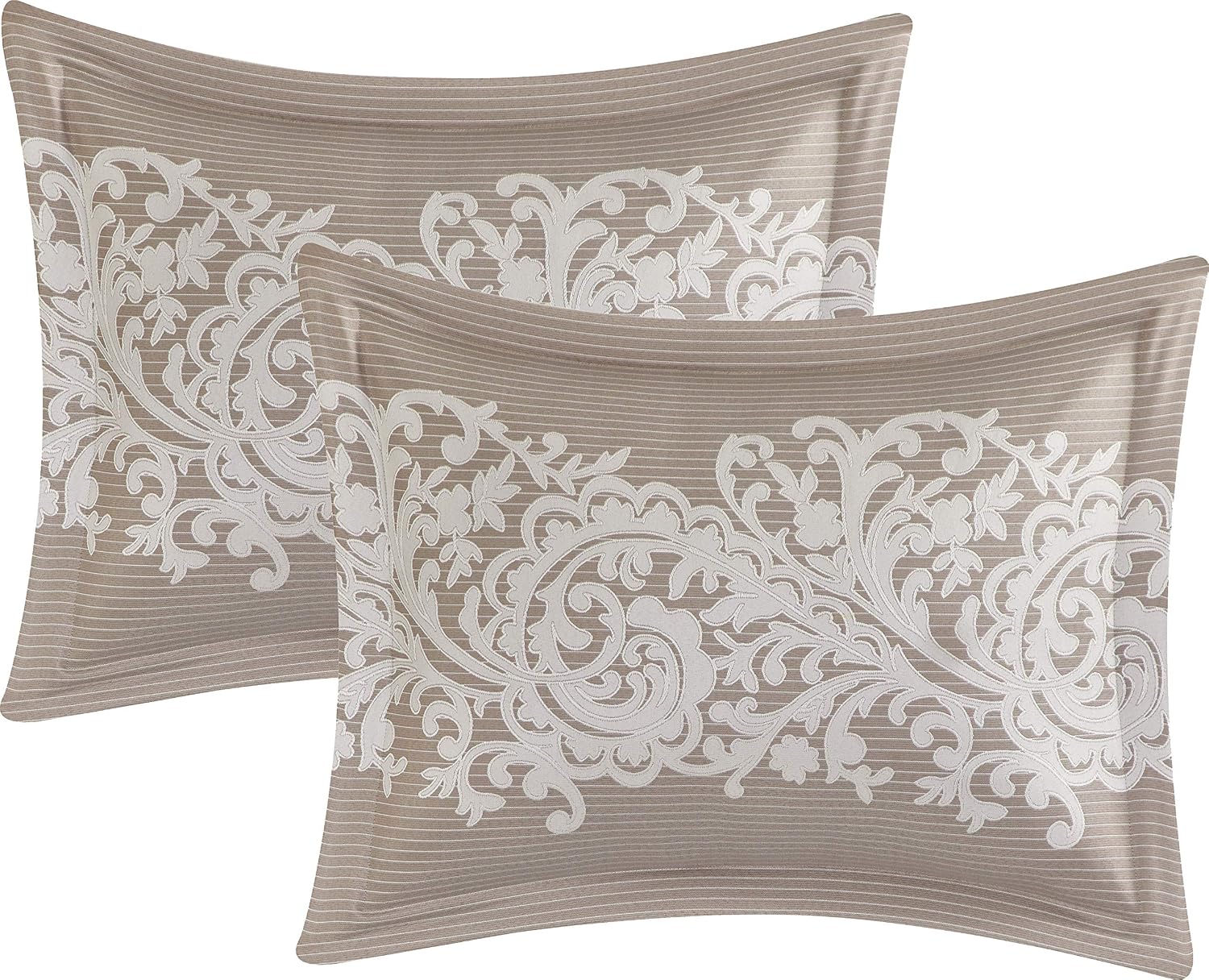Grand Avenue Taupe Bed Comforter King Set, 7 Piece, Ultra Soft, Premium Microfiber, Pillow Shams Bedskirt, Jacquard Floral Beddings