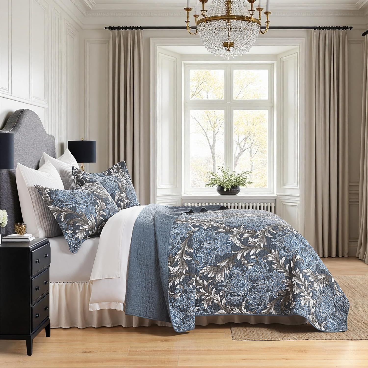 King Size Quilt Set - Blue Gray and White Quilt Set King, 100% Cotton Floral Bedspread Set 3 Piece, Traditional Elegant Lightweight Comforter, Reversible Quilt Bedding Set for All Season