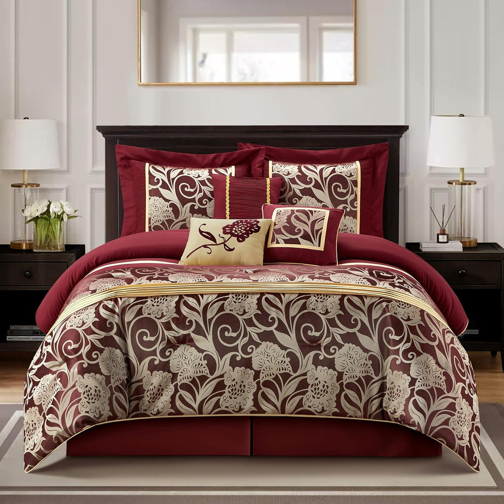 Grand Avenue Black and Red Comforter Set King Size, 7 Piece Jacquard Floral Bedding Set, All Season, Ultra-Soft, Matching Pillows & Shams, Bed Skirt