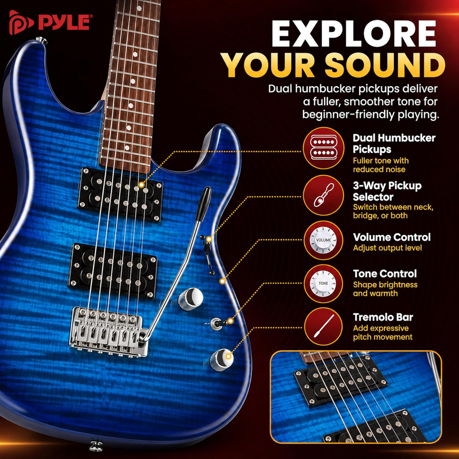 Pyle Electric Guitar Kit with Amp, Full Size Instrument with Humbucker Pickups, Guitarra Electrica Amplifier and Beginner Bundle Accessories, 39' Blue