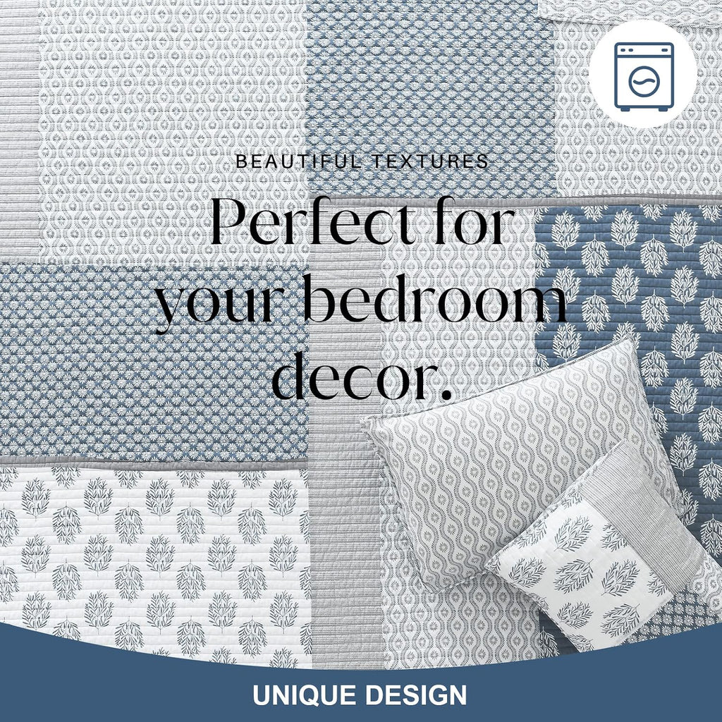 Y-PLWOMEN King Size Quilt, 100% Cotton Lightweight Soft King Quilt, Blue Grey White Quilted Bedspread, Patchwork Reversible Quilt Bedding Set All Season, 3-Pieces1