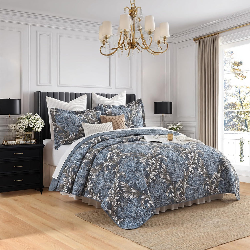 King Size Quilt Set - Blue Gray and White Quilt Set King, 100% Cotton Floral Bedspread Set 3 Piece, Traditional Elegant Lightweight Comforter, Reversible Quilt Bedding Set for All Season