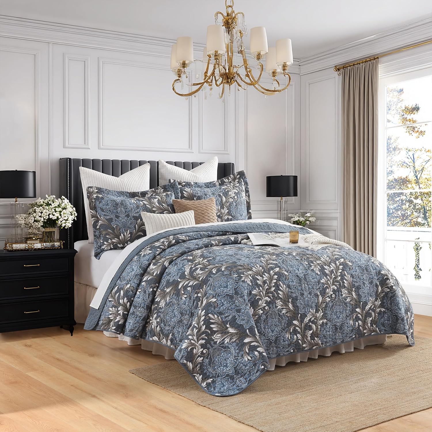 King Size Quilt Set - Blue Gray and White Quilt Set King, 100% Cotton Floral Bedspread Set 3 Piece, Traditional Elegant Lightweight Comforter, Reversible Quilt Bedding Set for All Season