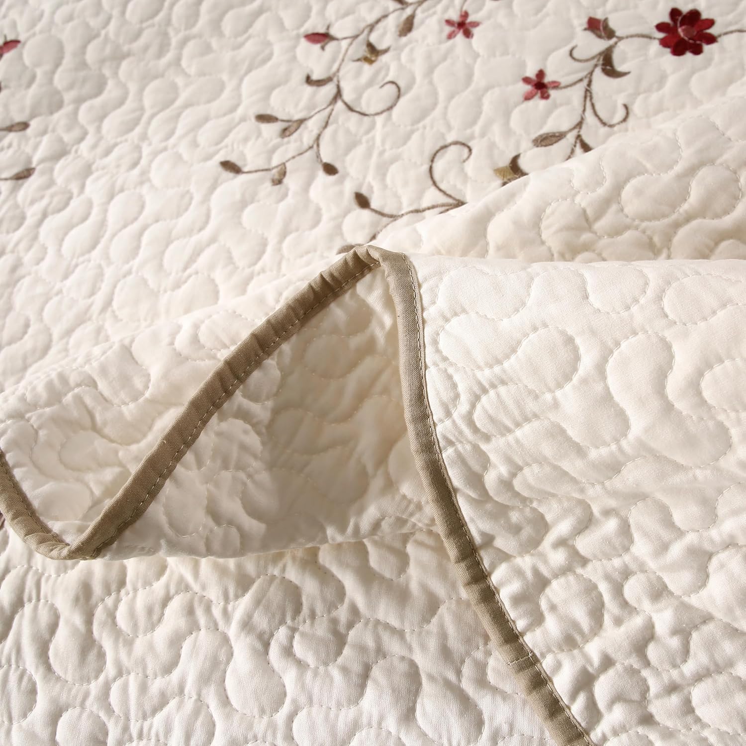 ROOMLIFE Quilt Set Floral Leaves 3D Embroidery Pattern 3 PCS Cotton Reversible Quilted Embroidered Decorative Bedspreads Coverlet Set, Lightweight &Soft Queen Size Bedding Coverlet for All Season