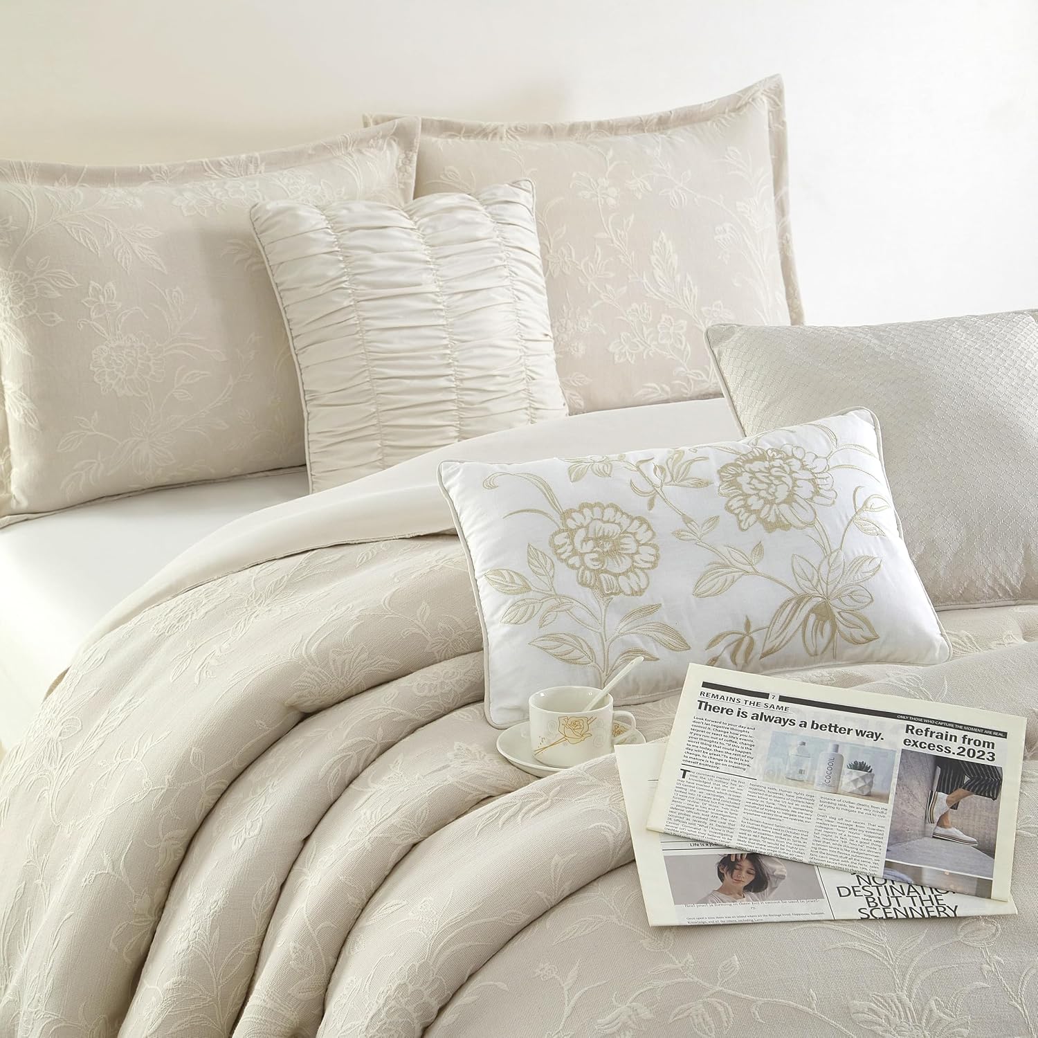 Grand Avenue Beige Cotton Blend Comforter Set, Elegant 7 Piece, Floral Jacquard King Size Bedding, All Season, Bedskirt, Pillows & Shams, Home Decor