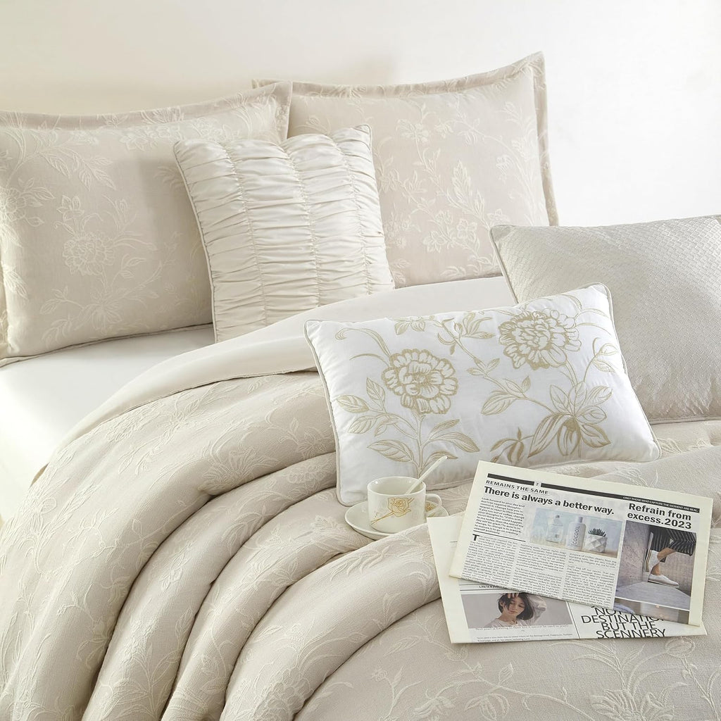 Grand Avenue Beige Cotton Blend Comforter Set, Elegant 7 Piece, Floral Jacquard California King Size Bedding, All Season, Bedskirt, Pillows & Shams, Home Decor