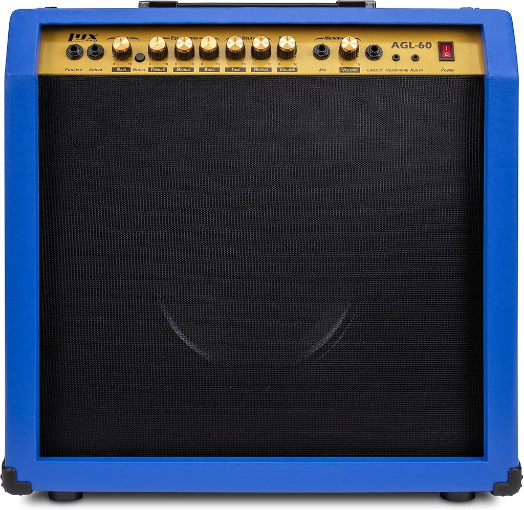 LyxPro 60 Watt Electric Guitar Amplifier | Combo Solid State Studio & Stage Amp with 10' 4-Ohm Speaker, Custom EQ Controls, Drive, Delay, ¼' Passive/Active/Mic Inputs, Aux in & Headphone Jack - Blue
