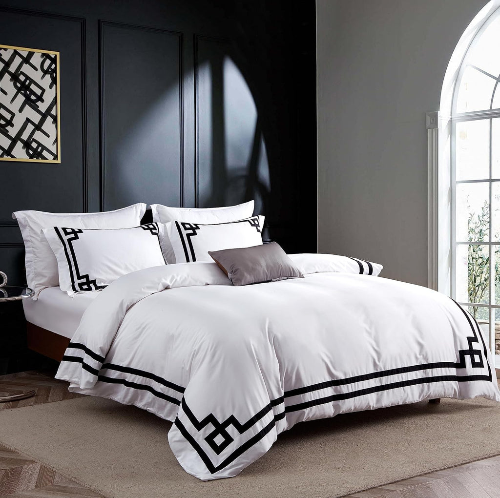 3 Pcs Do Not Include Filling Duvet Cover Set 100% Egyptian Cotton Sateen Luxury 400 TC (White Black, Full)