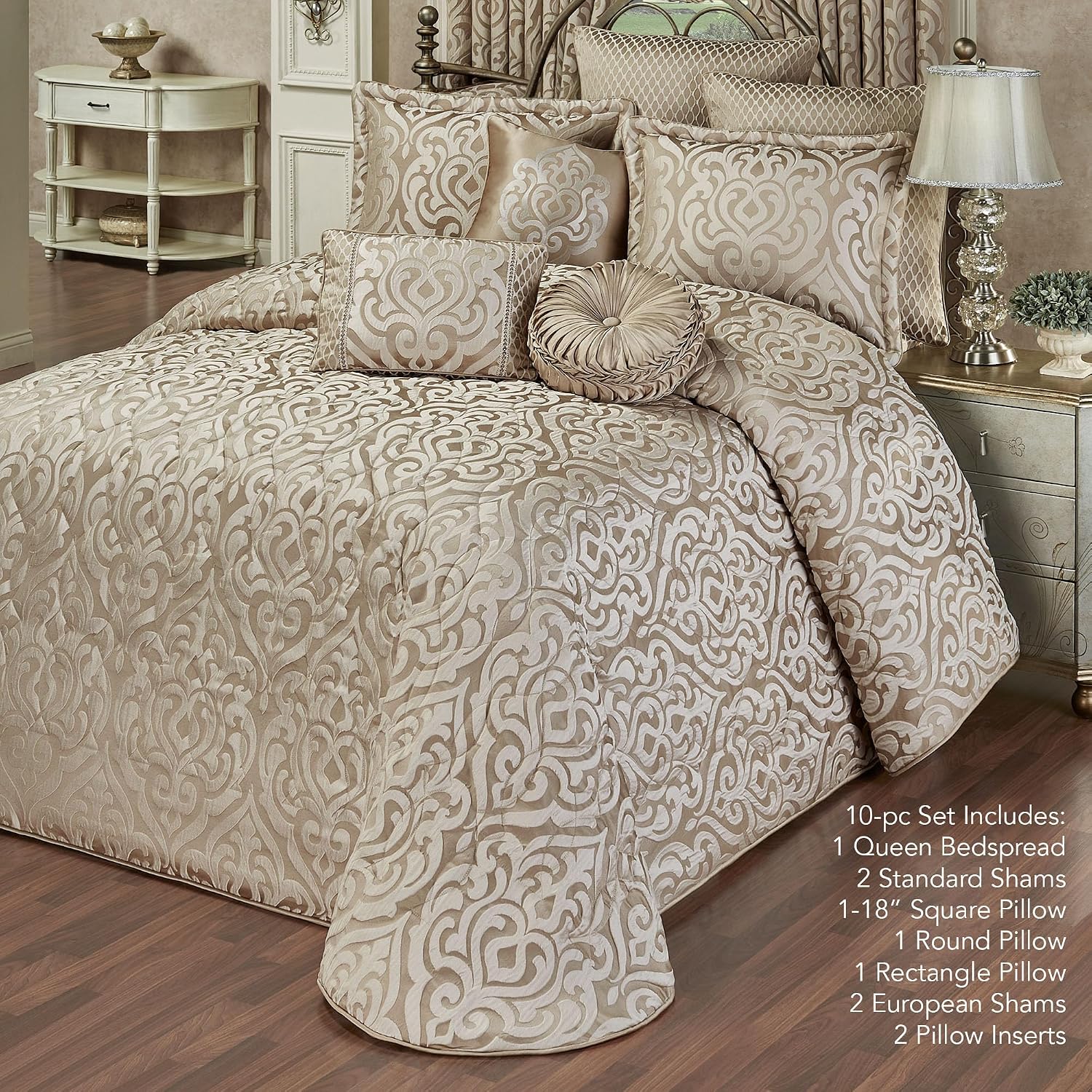 Davenport Luxury Bedding | Neutral Jacquard-Woven Puffed Scrollwork | 10 Pc Set includes Queen Bedspread, 2 Standard Shams, 2 European Shams, 2 Euro Pillow Inserts, and 3 Decorative Reversible Pillows
