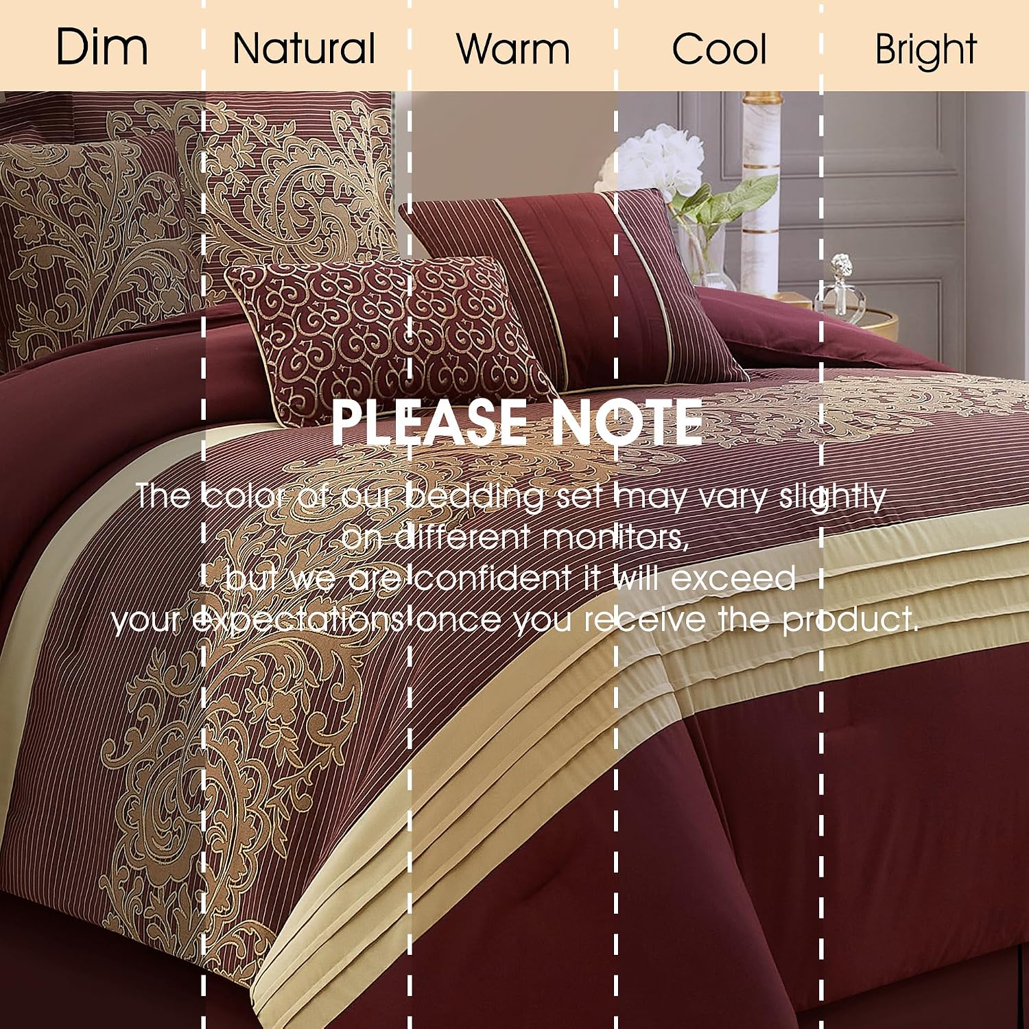 LANCO MODERN LIFESTYLE Red Gold Comforter Set, California King, Damask Jacquard with Matching Solid Piece Work, 7 Piece Soft Bedding Set for All Season, Bed Skirt, Pillow Shams and Decorative Pillows