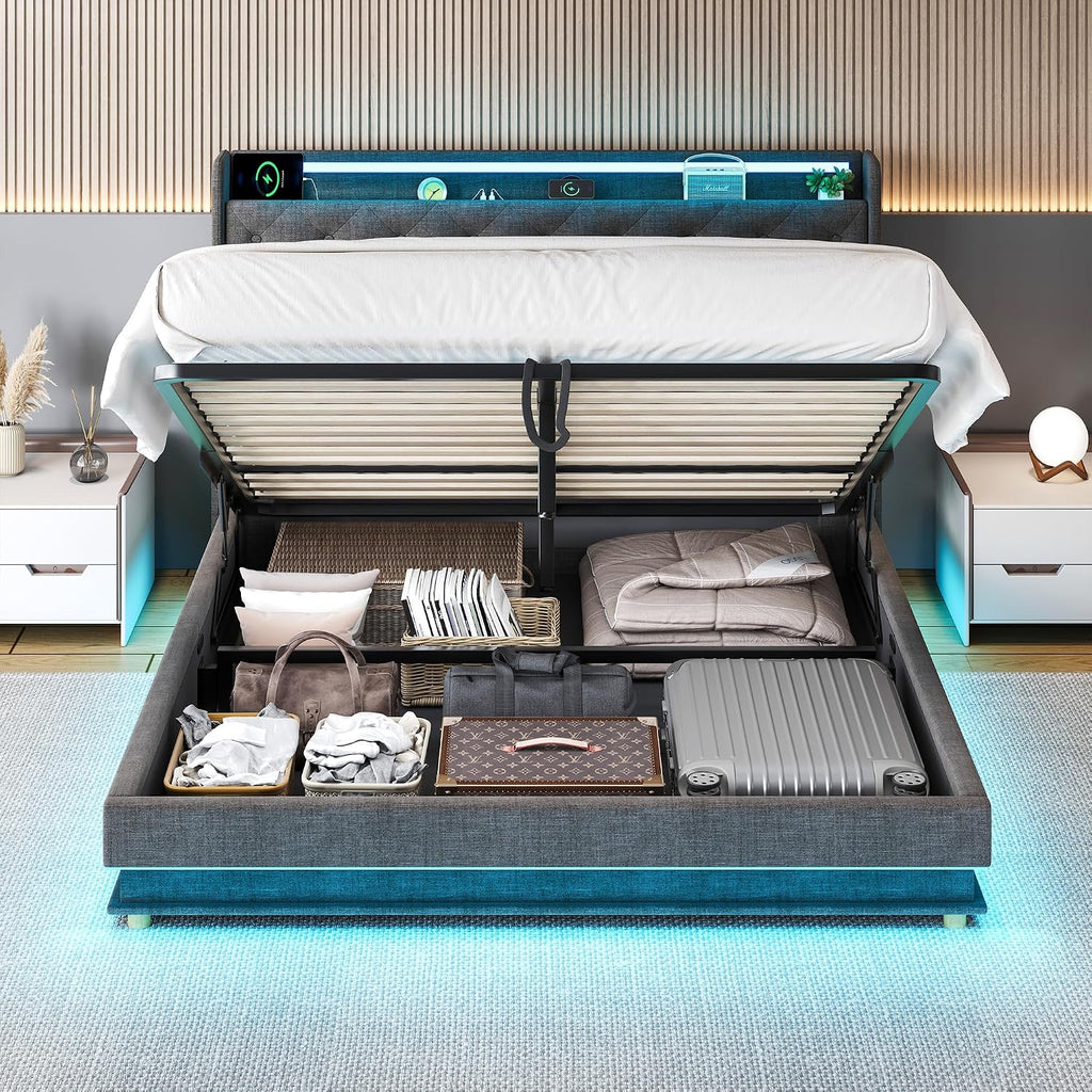Ailisite Full Size Bed Frame with Headboard, Lift Up Storage Bed Frame with Charging Station&Led Lights,Upholstered Platform Bed with Tufted Wingback Storage Headboard, Hydraulic System,Wood Slat,Grey
