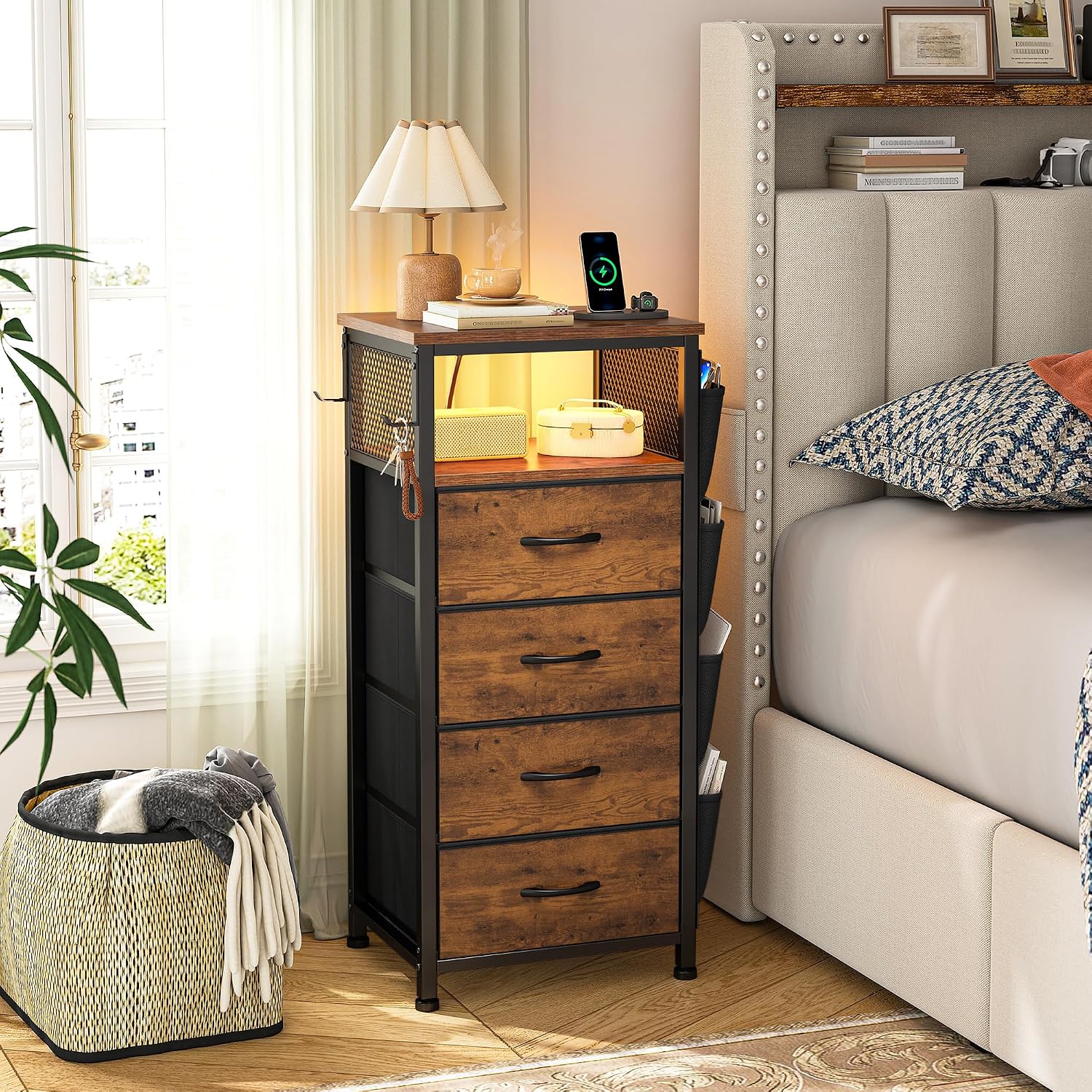 EnHomee Nightstand Set of 2, Night Stand with Charging Station & LED, Bedside Table with Fabric Drawers and Storage Shelf, Sturdy Steel Frame, Wood Top, Cloth Bags, Hooks, Brown