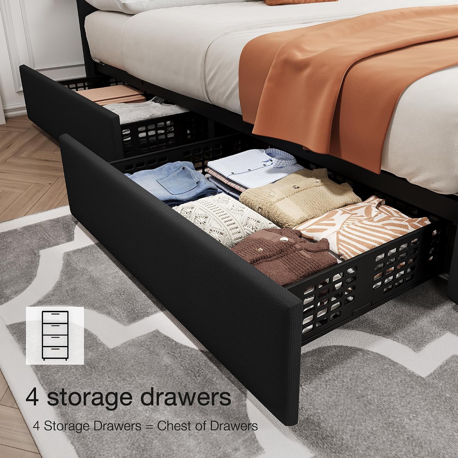 Full Size Bed Frame with 4 Storage Drawers, Linen Upholstered Platform Bed Frame with Headboard and Footboard, Wooden Slats Support, Diamond Stitched Button Tufted, No Box Spring Needed, Black