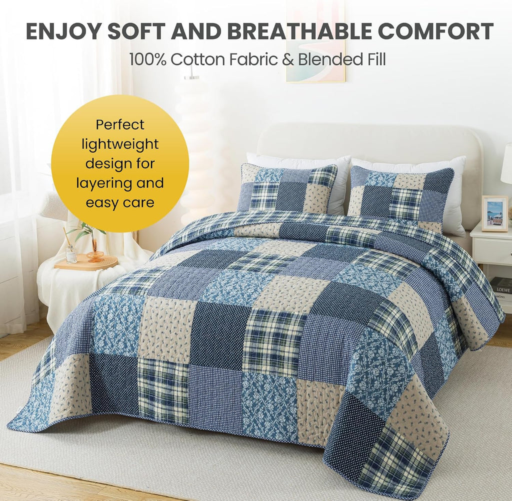 SLPR Blue Symphony Cotton Pieced Quilt Set - King with 2 Shams, Farmhouse Patchwork Quilted Bedspread with Check and Plaid Pattern, Lightweight and Cozy Country Checkered Bedding