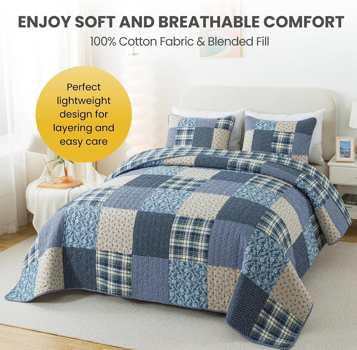 SLPR Blue Symphony Cotton Pieced Quilt Set - King with 2 Shams, Farmhouse Patchwork Quilted Bedspread with Check and Plaid Pattern, Lightweight and Cozy Country Checkered Bedding
