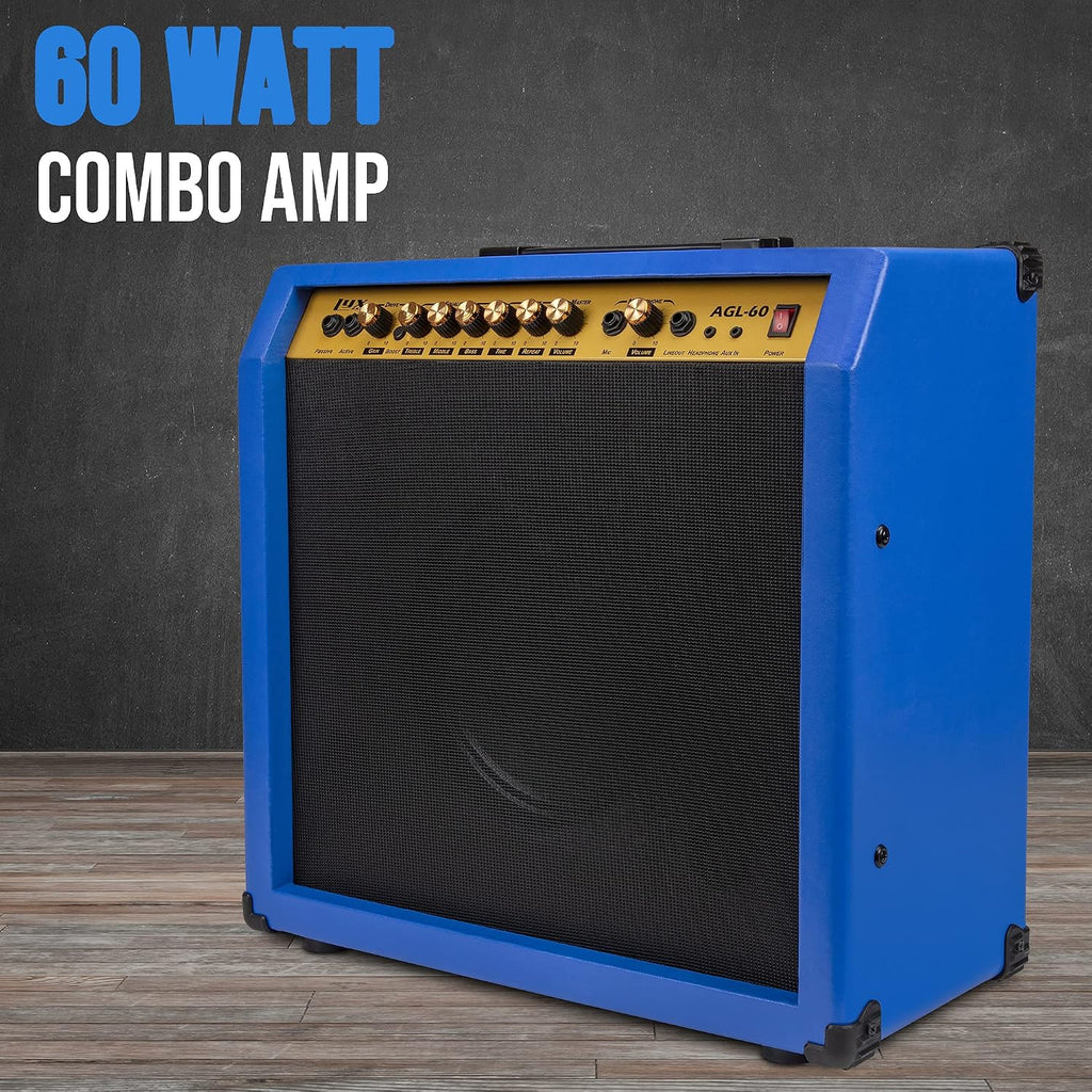 LyxPro 60 Watt Electric Guitar Amplifier | Combo Solid State Studio & Stage Amp with 10' 4-Ohm Speaker, Custom EQ Controls, Drive, Delay, ¼' Passive/Active/Mic Inputs, Aux in & Headphone Jack - Blue