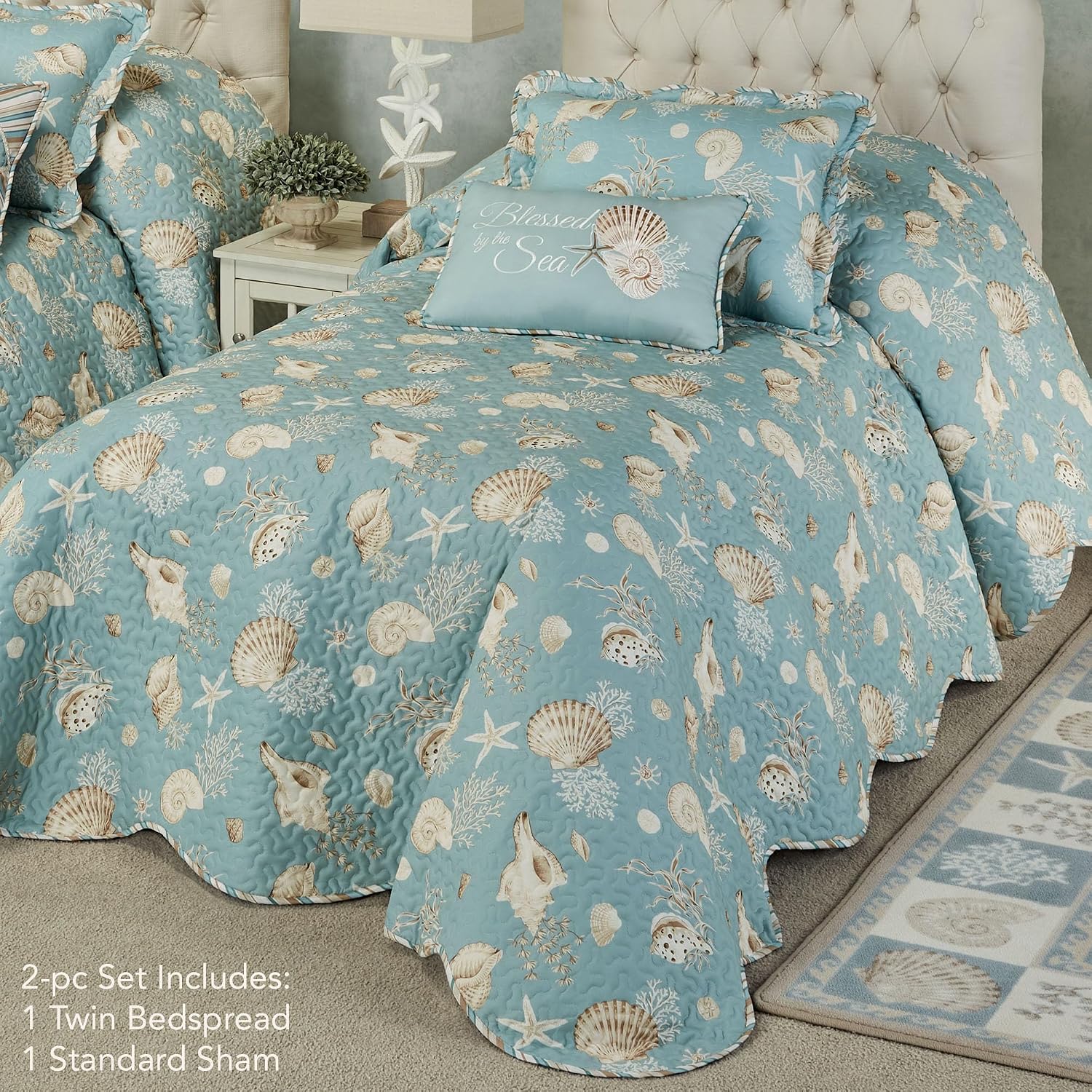 Touch of Class Seabreeze Coastal Beach Polyester Microfiber Bedding | All Season Quilted | Shell Starfish Coral Stripe | Aqua Teal Ivory Cream | 2 Pc Set: Twin Bedspread and 1 Standard Sham
