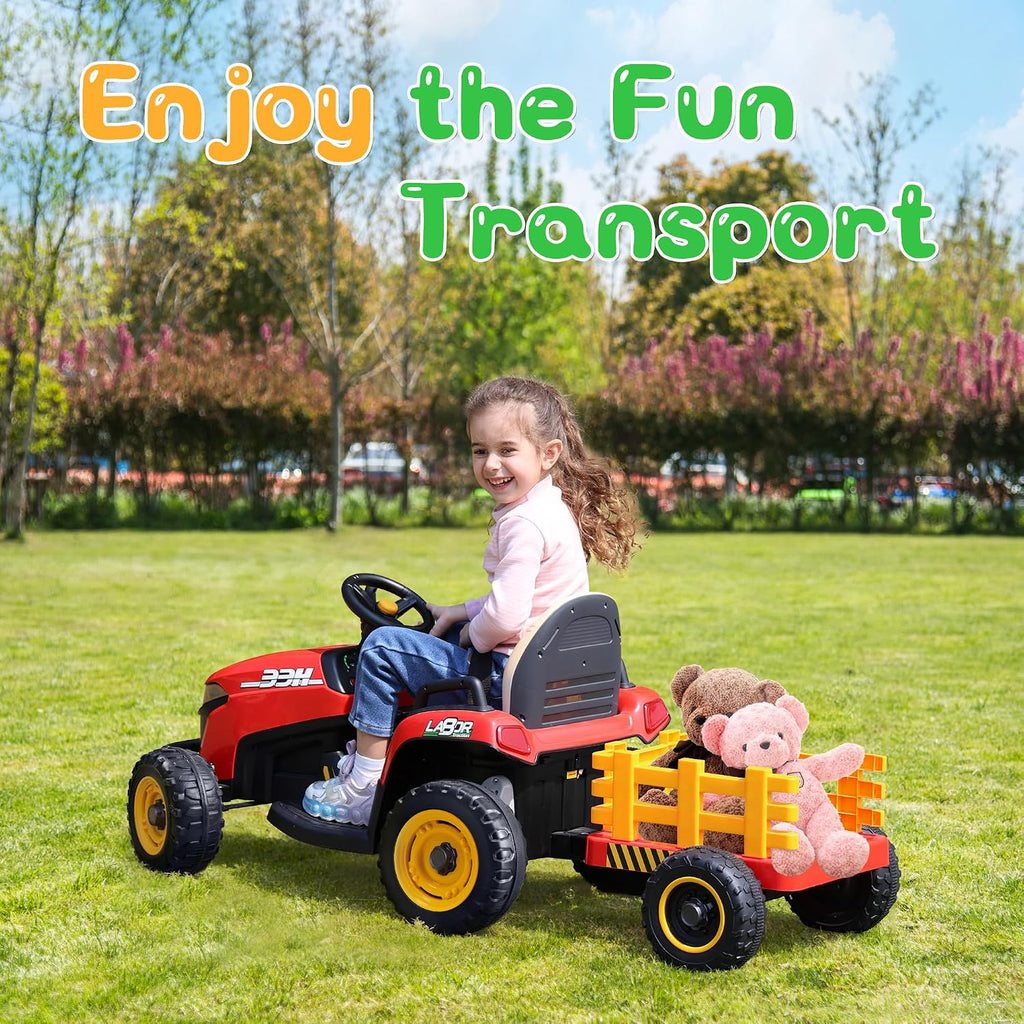 ANPABO 24V Ride On Tractor w/Tiltable & Detachable Trailer, EVA Tires, Up to 4.3Mph, Ride On Toys with Parental Remote, Realistic Tractor Sound & Chimney, Music Player, LED Light, Red