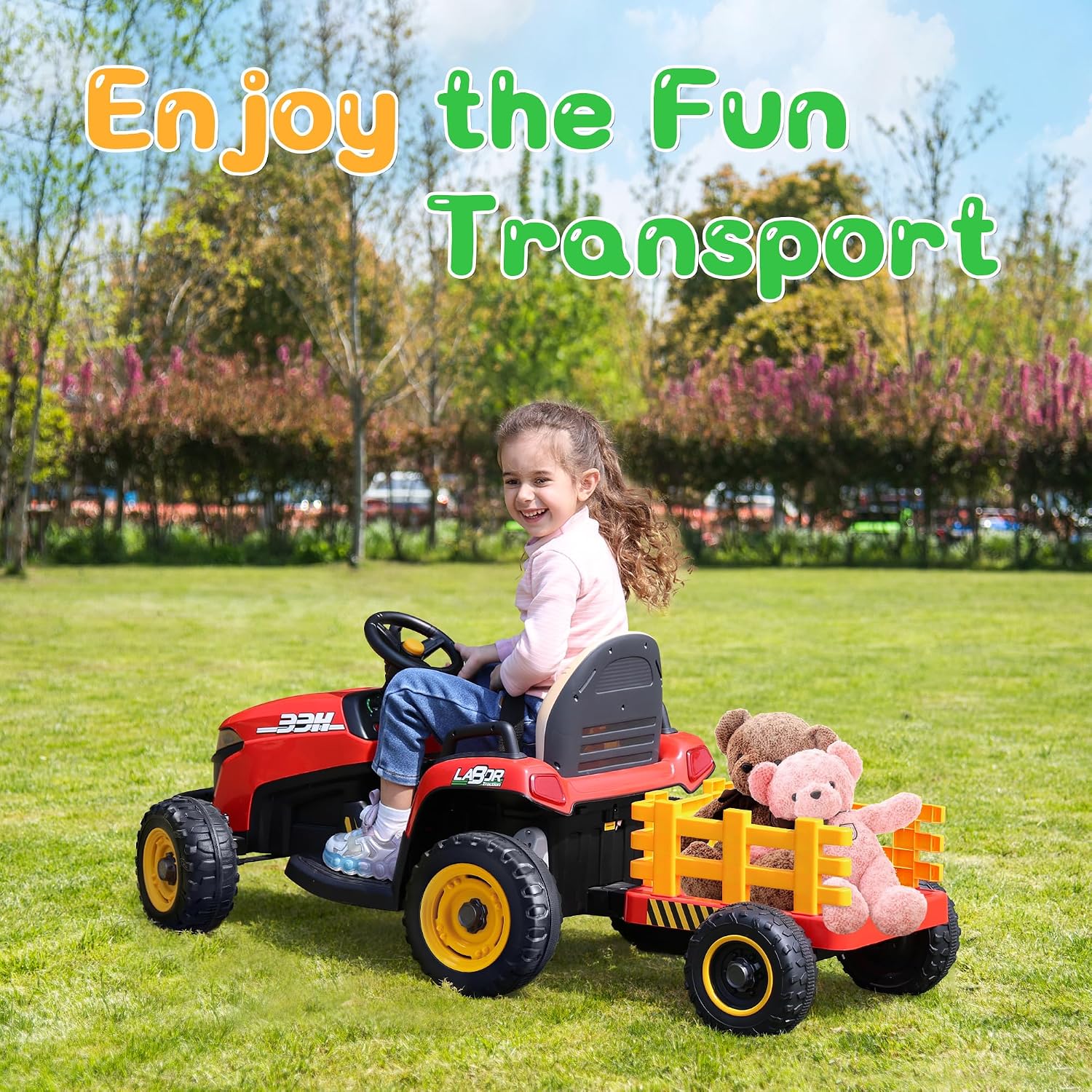 ANPABO 24V Ride On Tractor w/Tiltable & Detachable Trailer, EVA Tires, Up to 4.3Mph, Ride On Toys with Parental Remote, Realistic Tractor Sound & Chimney, Music Player, LED Light, Red