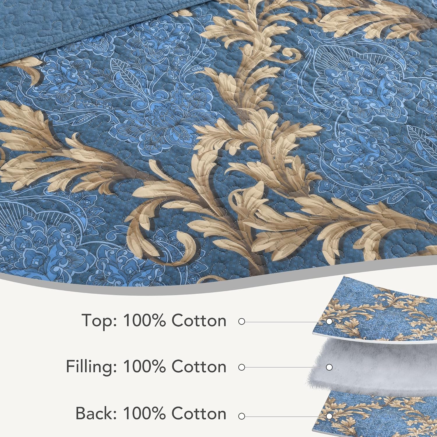 King Size Quilt Set - Blue and Brown Quilt King, 100% Cotton Damask Bedspread Set 3 Piece, Classic Elegant Lightweight Comforter, Reversible Quilt Bedding Set for All Season