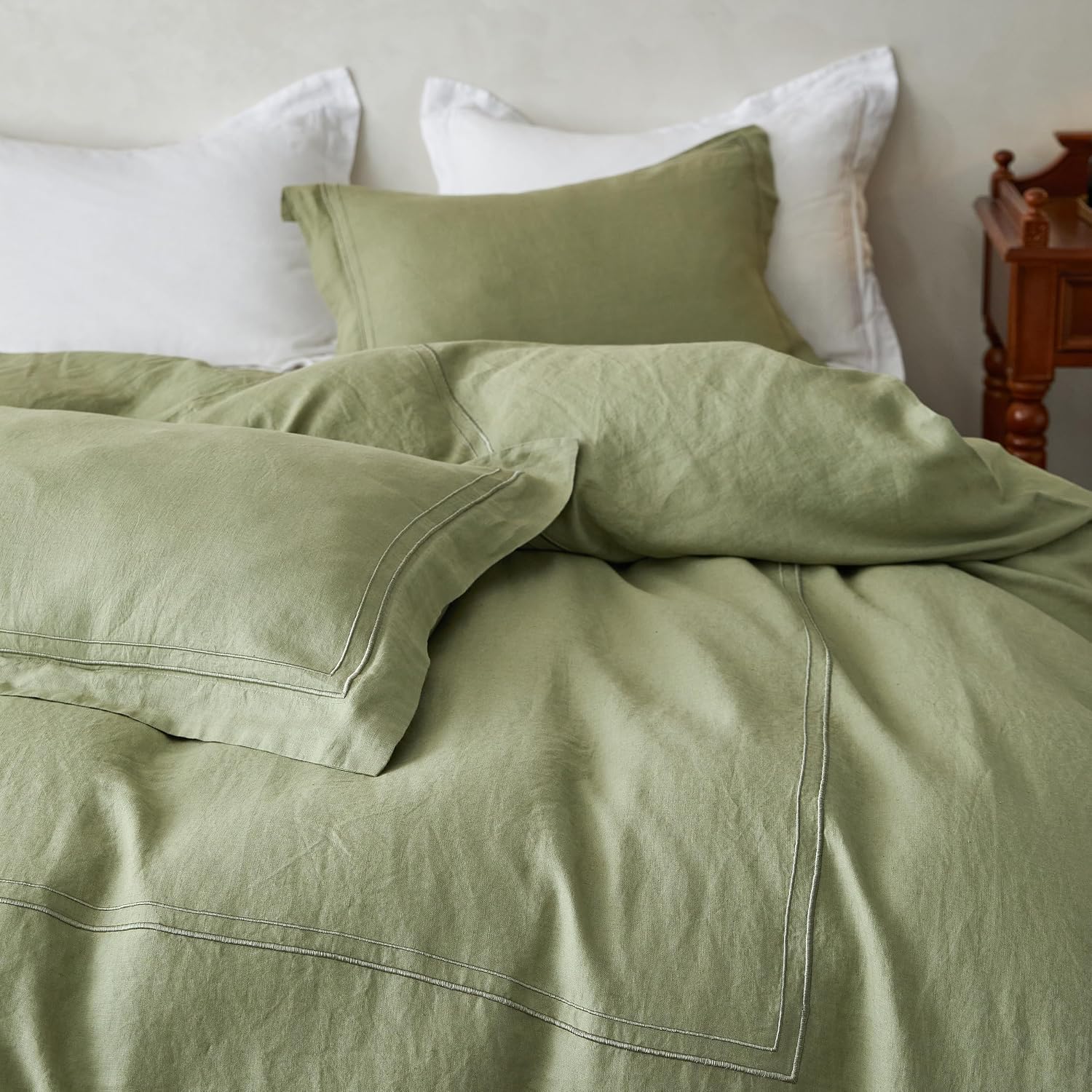 Simple&Opulence 100% Washed Linen Duvet Cover Set 104'x92' - 3 Pieces Soft Farmhouse Comforter Set Double Embroidered with Button Closure - 1 Duvet Cover and 2 Pillowshams (Sage Green, King)