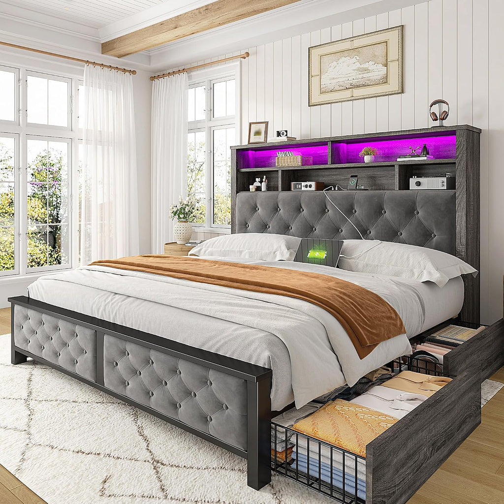 EnHomee Full Size Bed Frame with 4 Storage Drawers and Headboard Upholstered,Wooden Full Bed Frame with Charging Station and LED Light,NO Noise,No Box Spring Needed,Dark Gray