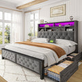 EnHomee Full Size Bed Frame with 4 Storage Drawers and Headboard Upholstered,Wooden Full Bed Frame with Charging Station and LED Light,NO Noise,No Box Spring Needed,Dark Gray