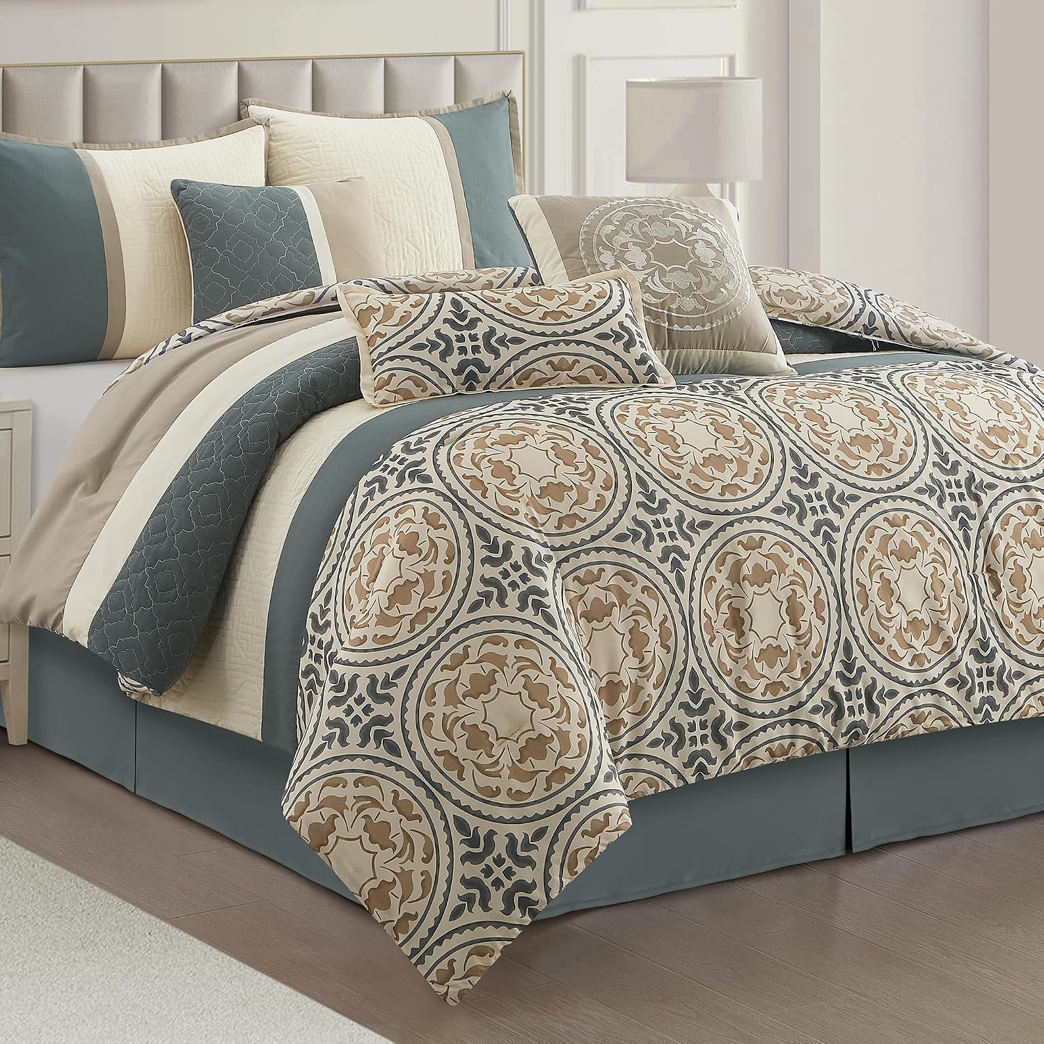 LANCO MODERN LIFESTYLE California King Comforter Set, Green Taupe, 7 Pieces Soft Microfiber Print Fabric Bedding Set, Luxury Home Decor, Bed in a Bag, Comforter, Bedskirt, Shams and Decor Pillows