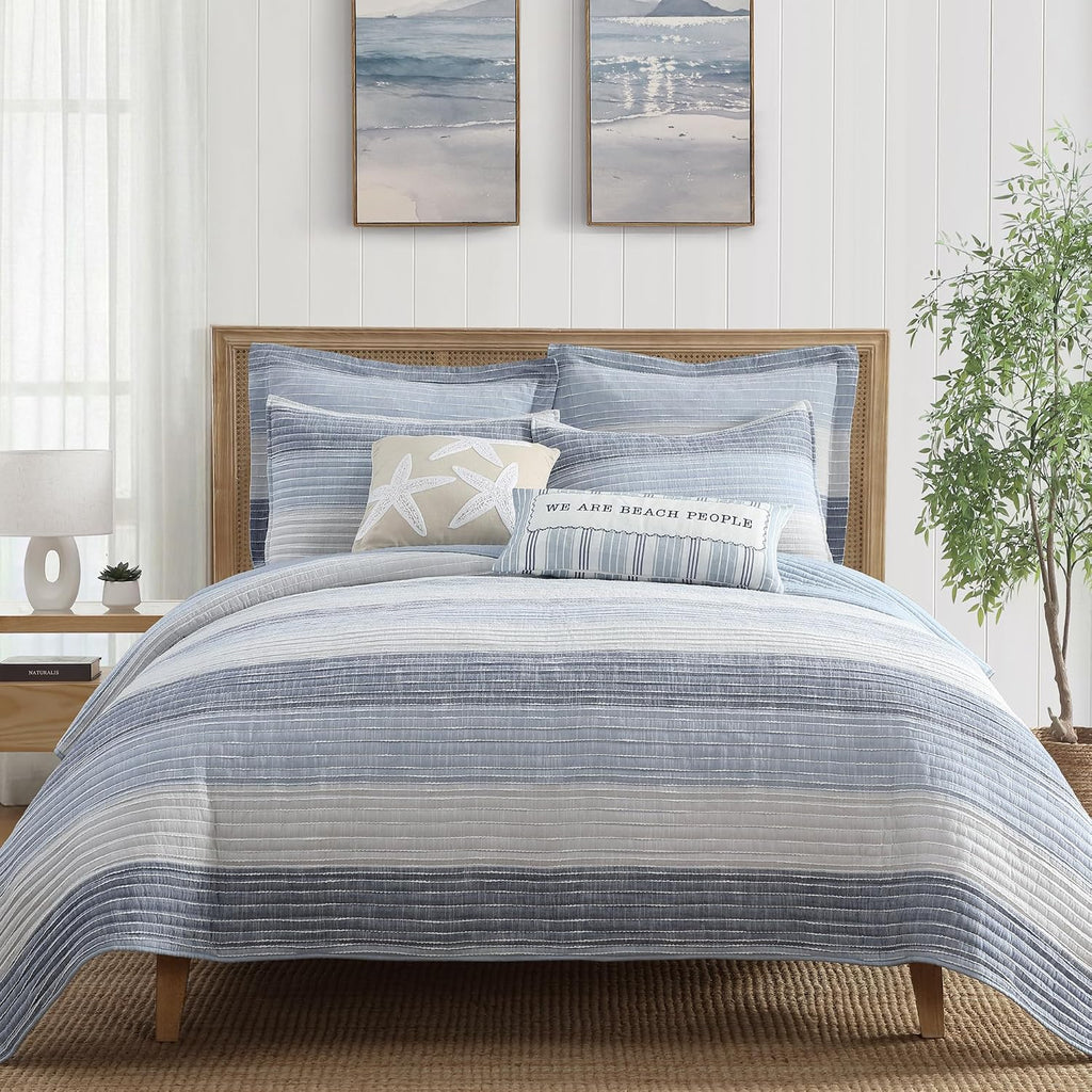 Levtex Home Sand Stripes Blue Full/Queen Quilt - 88x92in - Textured Stripe - Blue and White - Reversible - Cotton | Textured