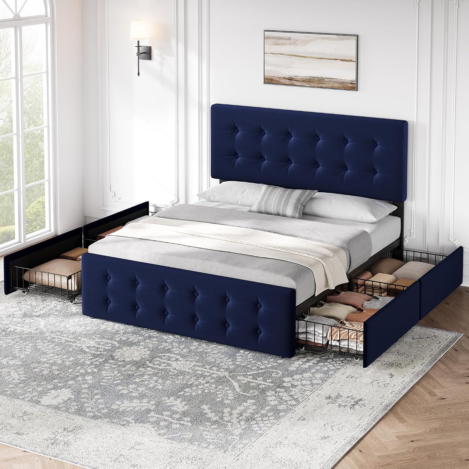 GAOMON Full Size Bed Frame with 4 Drawers and Adjustable Headboard, Velvet Upholstered Platform Bed with Button Tufted Design, No Box Spring Needed, Strong Wooden Slats, Blue