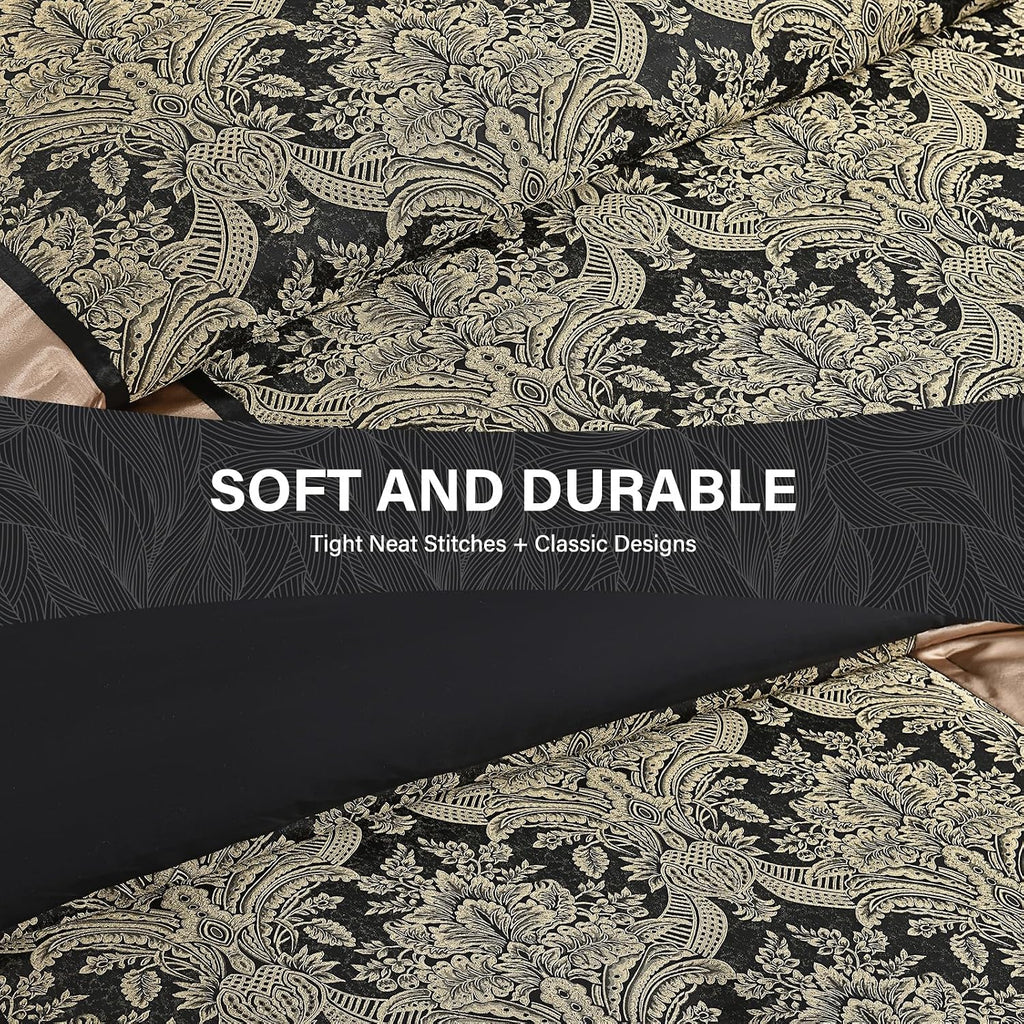 SahSahCasa 7-Piece Luxury King Comforter Set, Bed in a Bag King, Jacquard Silky Fluffy Comforter Bedding Set with Bedskirt, Decorative Pillows, Elegant Reversible, Down-Alternative, Black/Gold