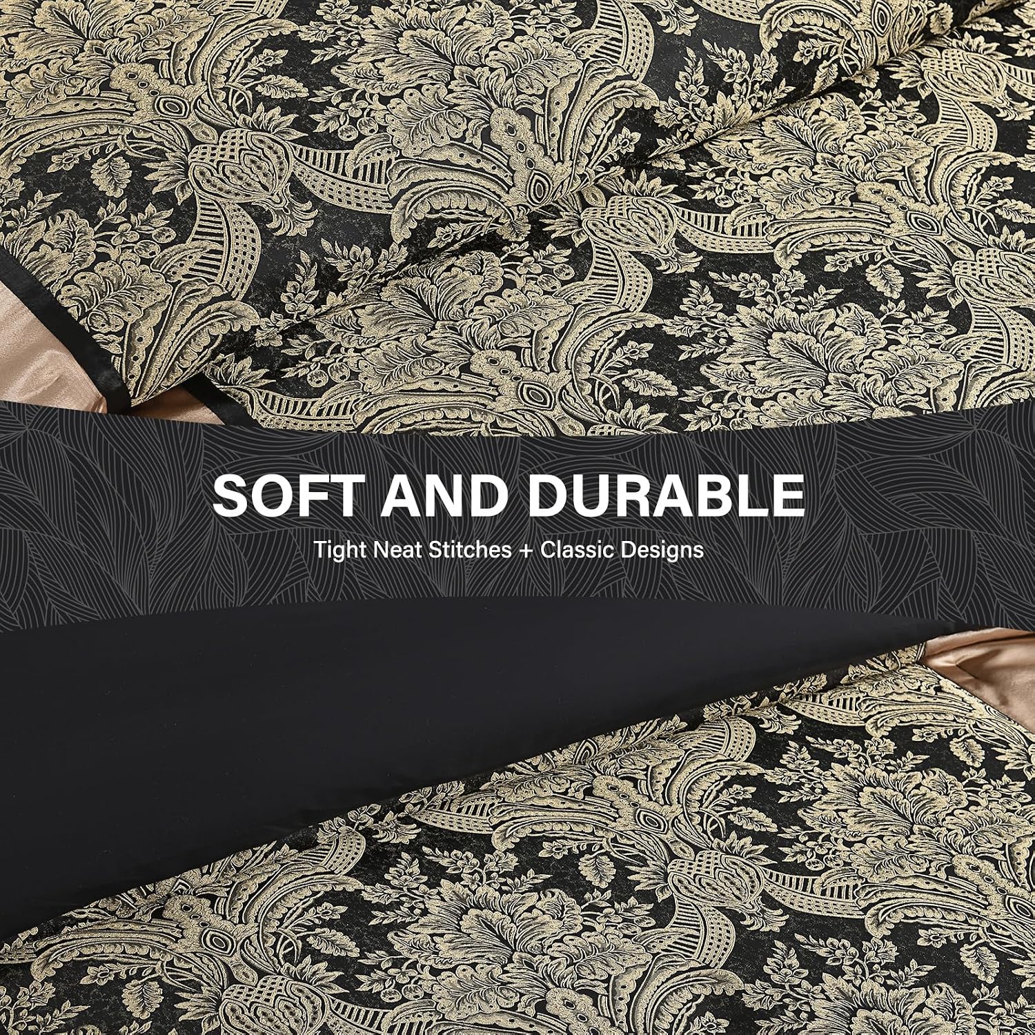 SahSahCasa 7-Piece Luxury King Comforter Set, Bed in a Bag King, Jacquard Silky Fluffy Comforter Bedding Set with Bedskirt, Decorative Pillows, Elegant Reversible, Down-Alternative, Black/Gold