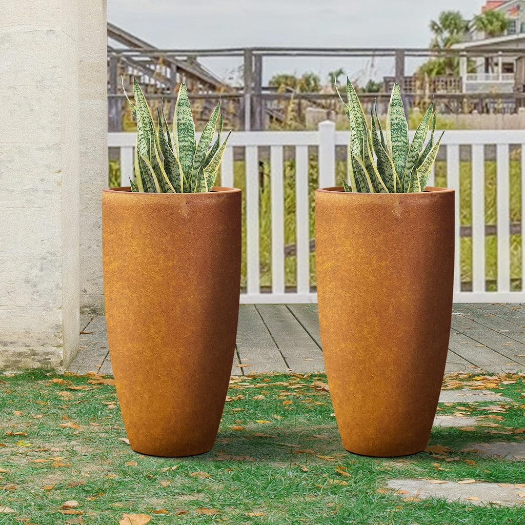 Kante 23.6' H Iron Oxide Finish Concrete Tall Planters (Set of 2), Large Outdoor Indoor Decorative Plant Pots with Drainage Hole and Rubber Plug, Modern Style for Home and Garden
