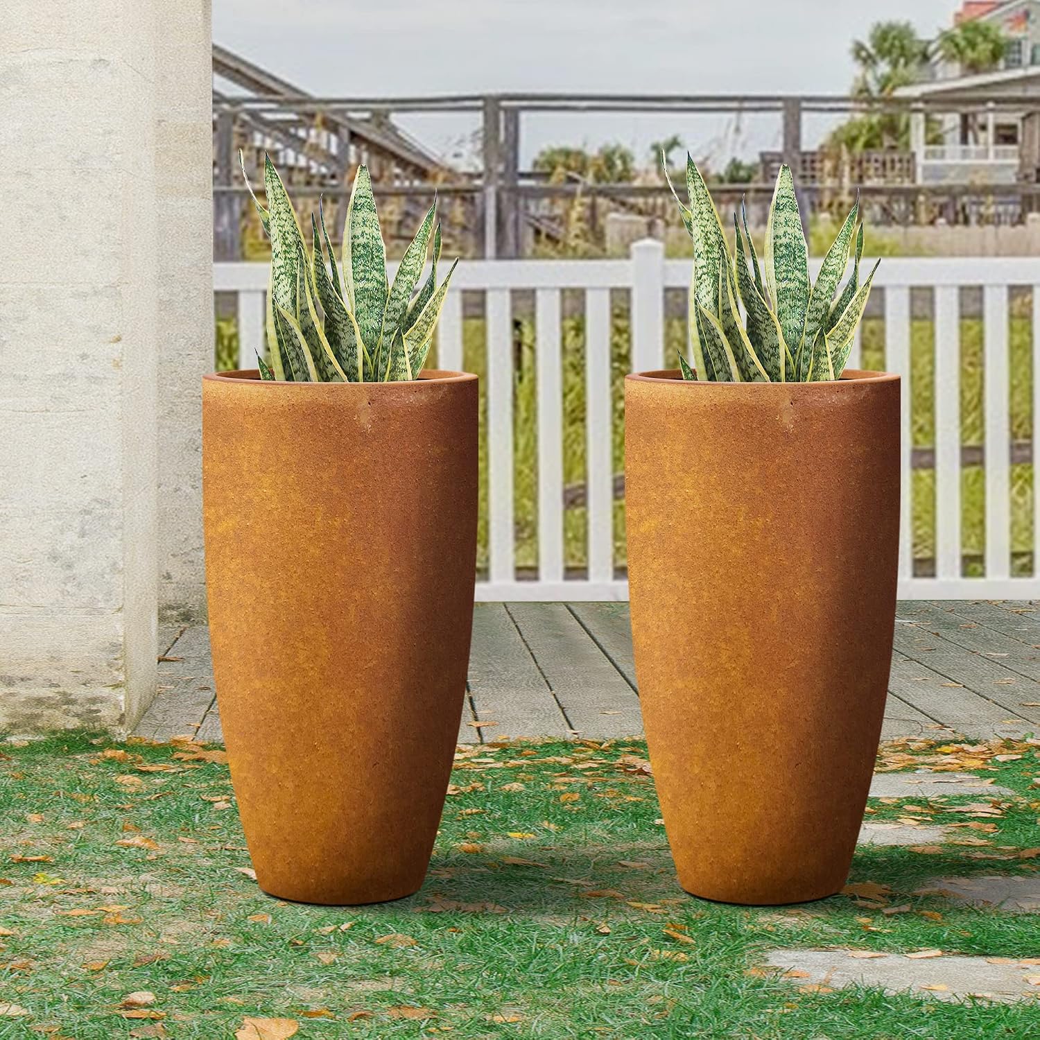 Kante 23.6' H Iron Oxide Finish Concrete Tall Planters (Set of 2), Large Outdoor Indoor Decorative Plant Pots with Drainage Hole and Rubber Plug, Modern Style for Home and Garden