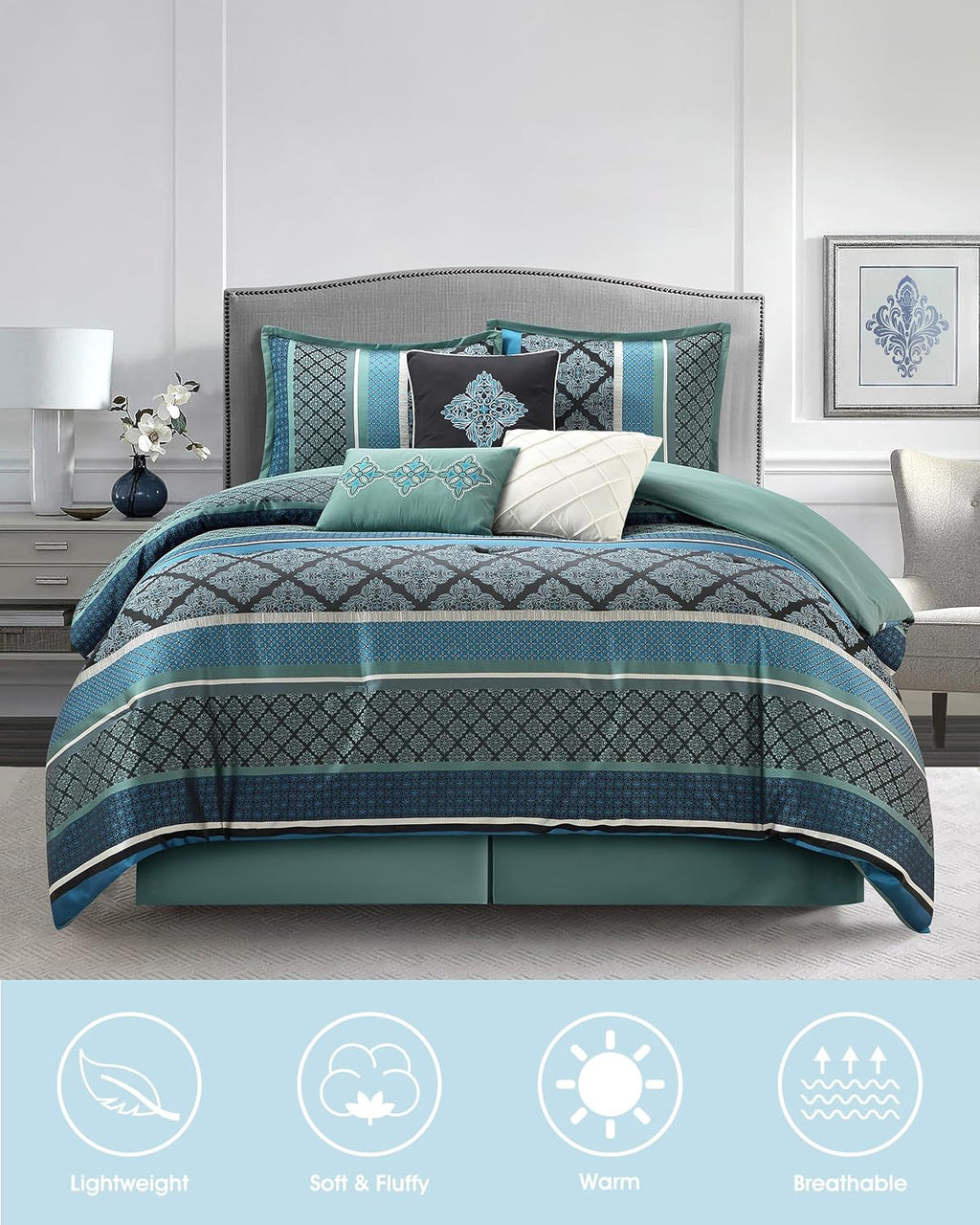 LANCO MODERN LIFESTYLE California King Comforter Set, Blue, Luxury Geometric Jacquard, All Seasons, 7 Pieces Bedding Set, Matching Shams, Bedskirt, Decorative Pillows