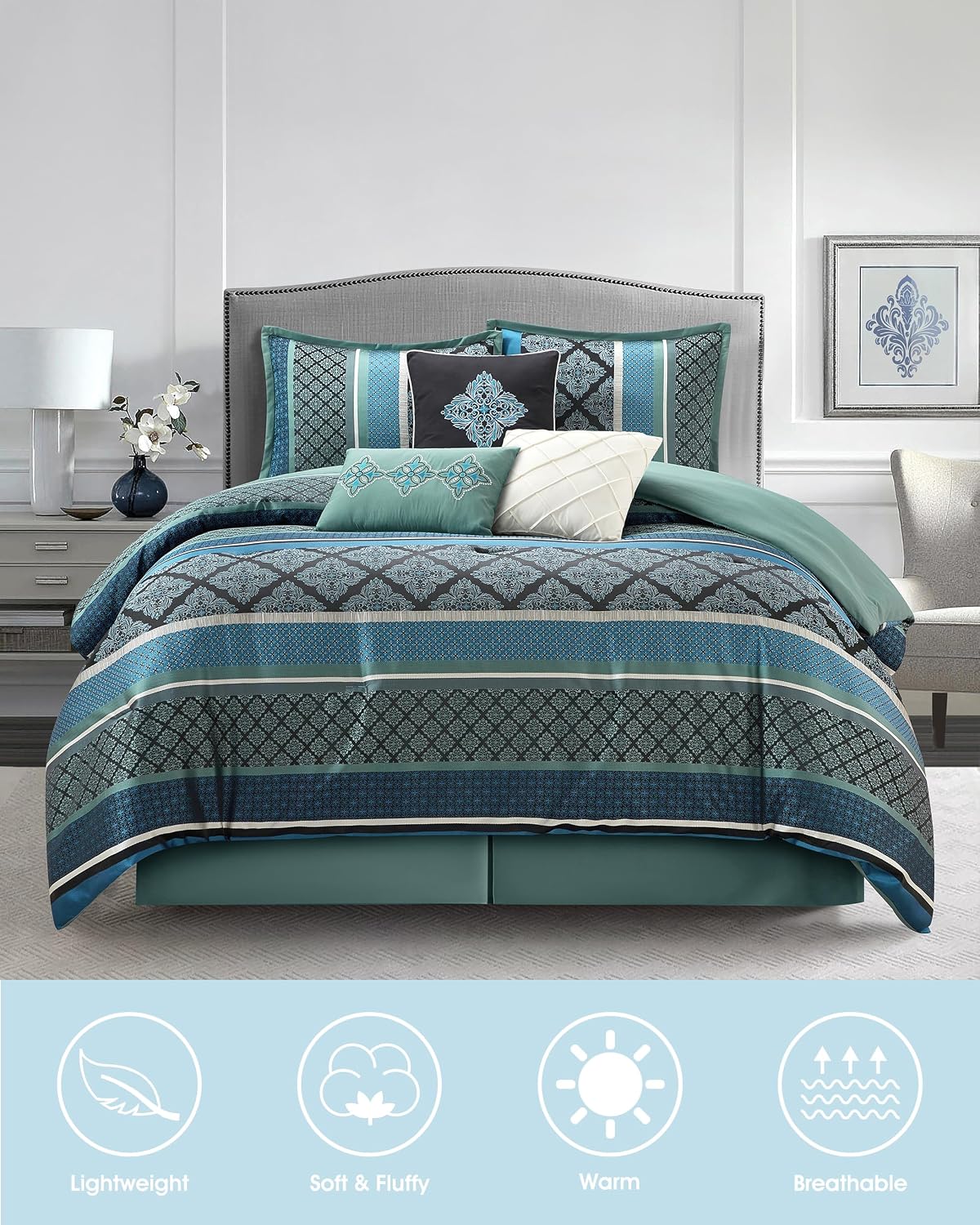 LANCO MODERN LIFESTYLE California King Comforter Set, Blue, Luxury Geometric Jacquard, All Seasons, 7 Pieces Bedding Set, Matching Shams, Bedskirt, Decorative Pillows