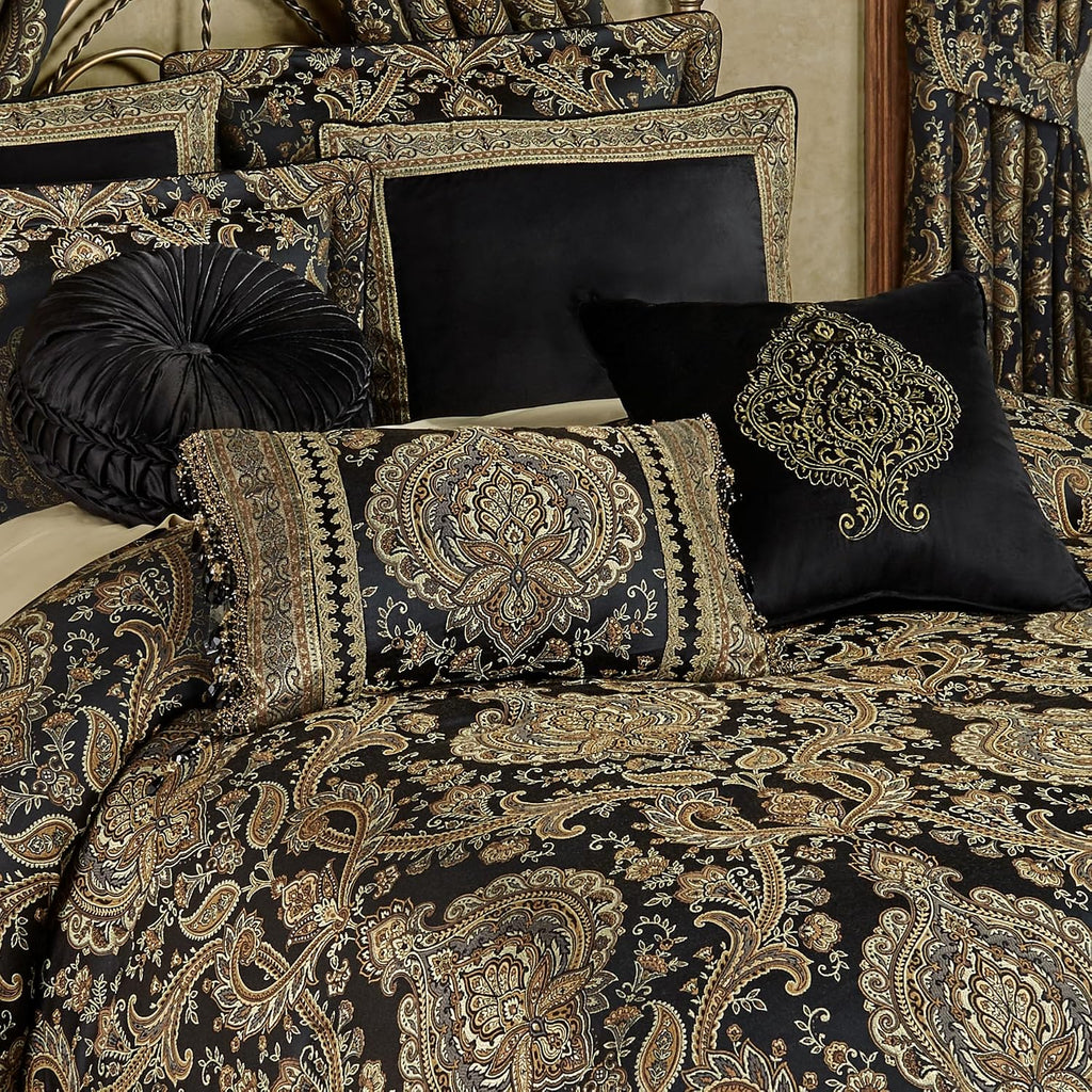 Bellevue Traditional Luxury Bedding | Elegant Tapestry-Style Medallions | Neutral Black & Metallic Gold | 7 Pc Bed Set: Oversized Queen Comforter, Bedskirt, 2 Standard Shams, and 3 Decorative Pillows