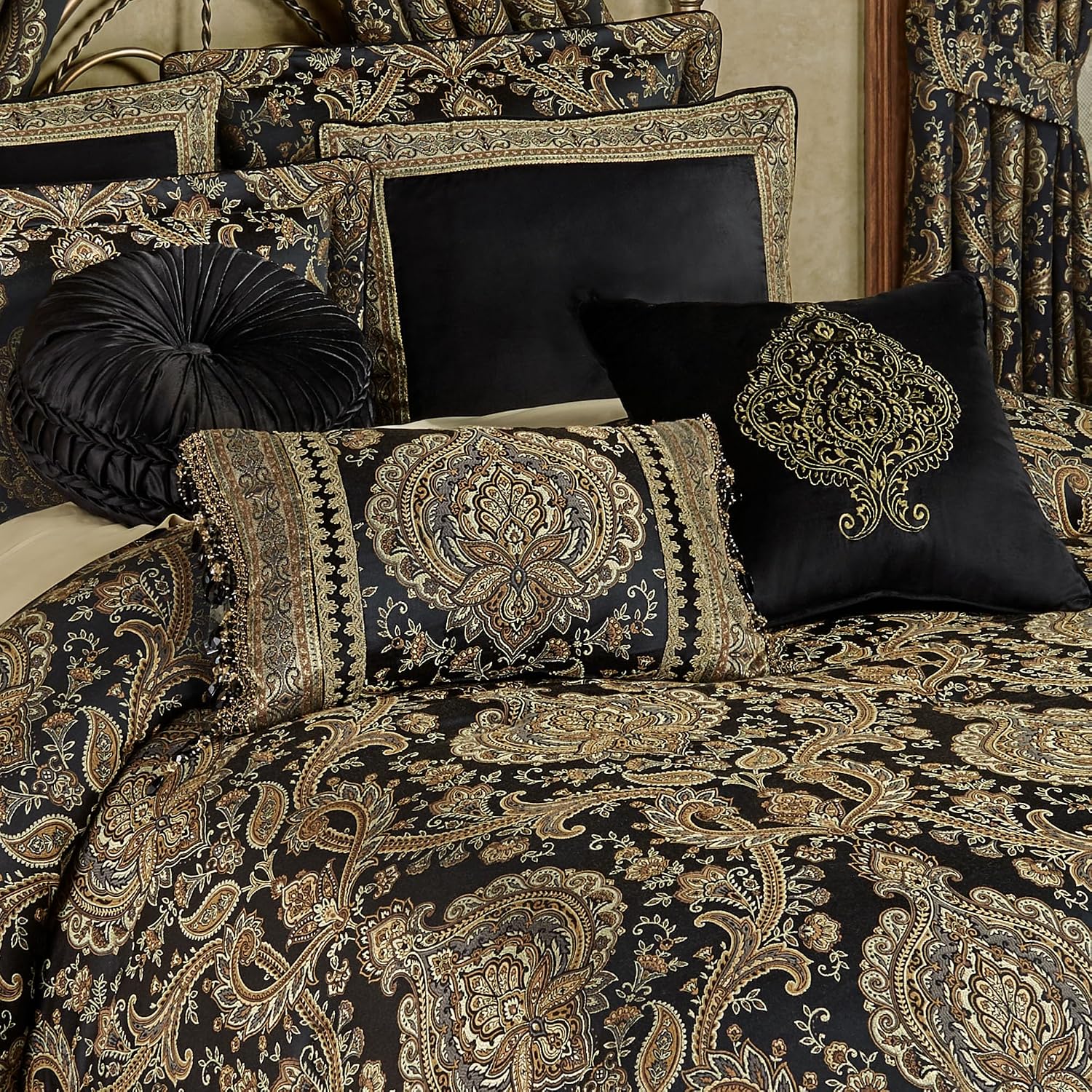 Bellevue Traditional Luxury Bedding | Elegant Tapestry-Style Medallions | Neutral Black & Metallic Gold | 7 Pc Bed Set: Oversized Queen Comforter, Bedskirt, 2 Standard Shams, and 3 Decorative Pillows